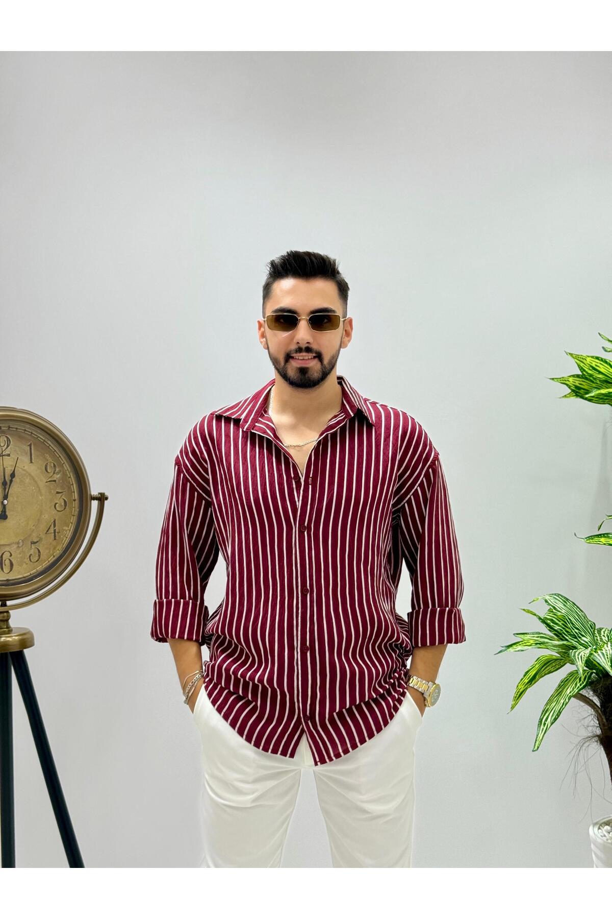Erkek Olive Efektif Keten Oversize Çizgili Gömlek — زرشکی Eşref-1