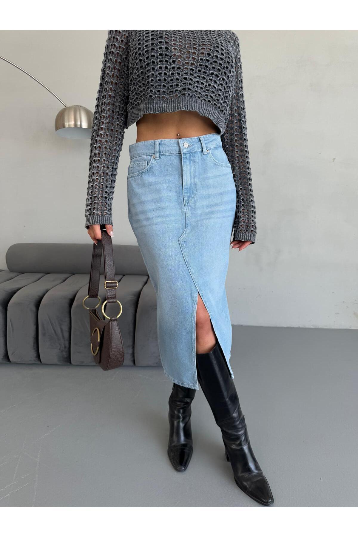 Zeo Basic-FUSTA DE DENIM ALBASTRU PROASPAT DE LUNGIME MIDI PENTRU FEMEI 4