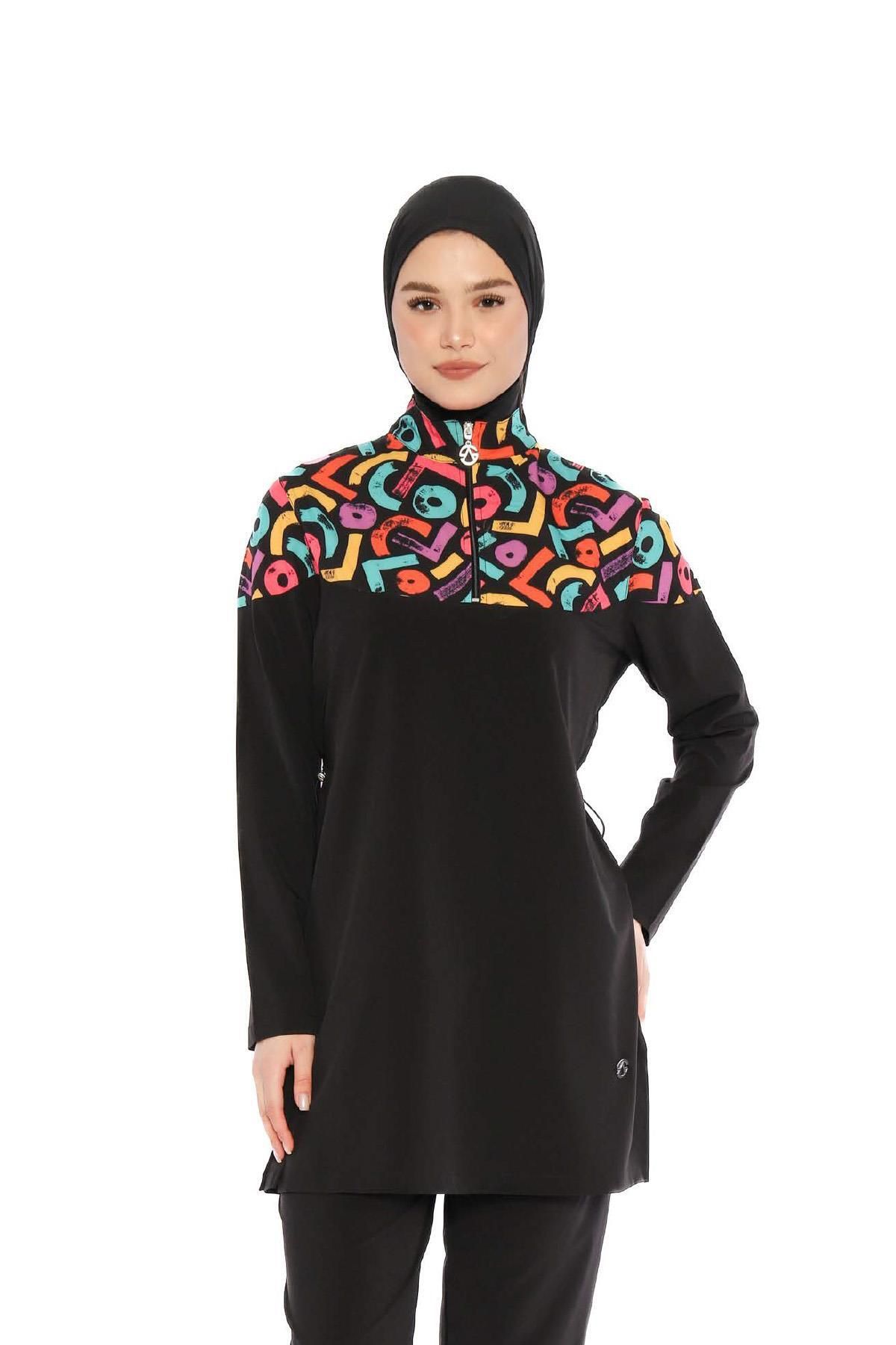 allsea-Costum de baie hijab acoperit complet cu modele colorate – jumătate de fermoar C4T2N26 1