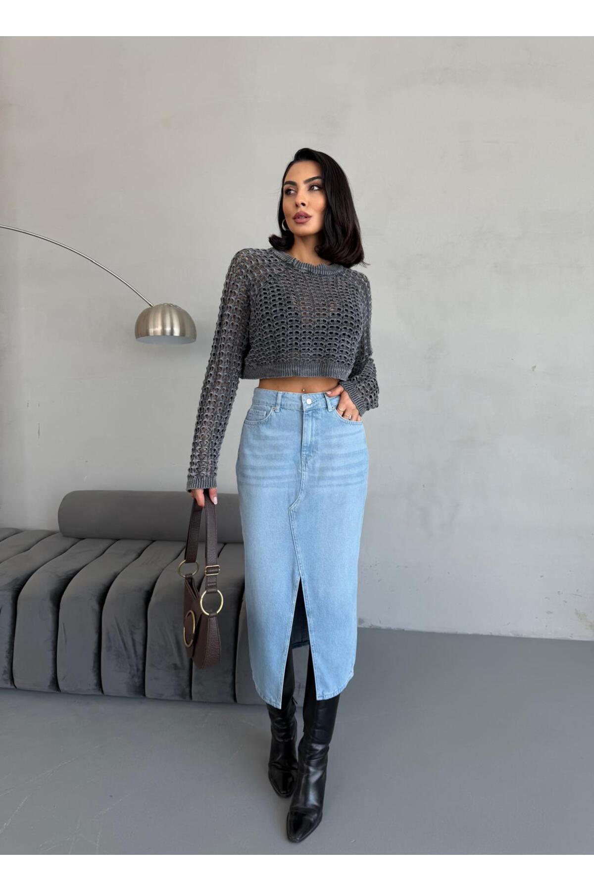 Zeo Basic-FUSTA DE DENIM ALBASTRU PROASPAT DE LUNGIME MIDI PENTRU FEMEI 3