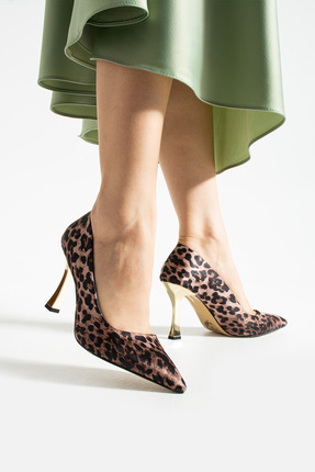 Güllü Shoes Altın Topuklu Leopar Desenli Saten Kadın Stiletto | Şık, Zarif, G...