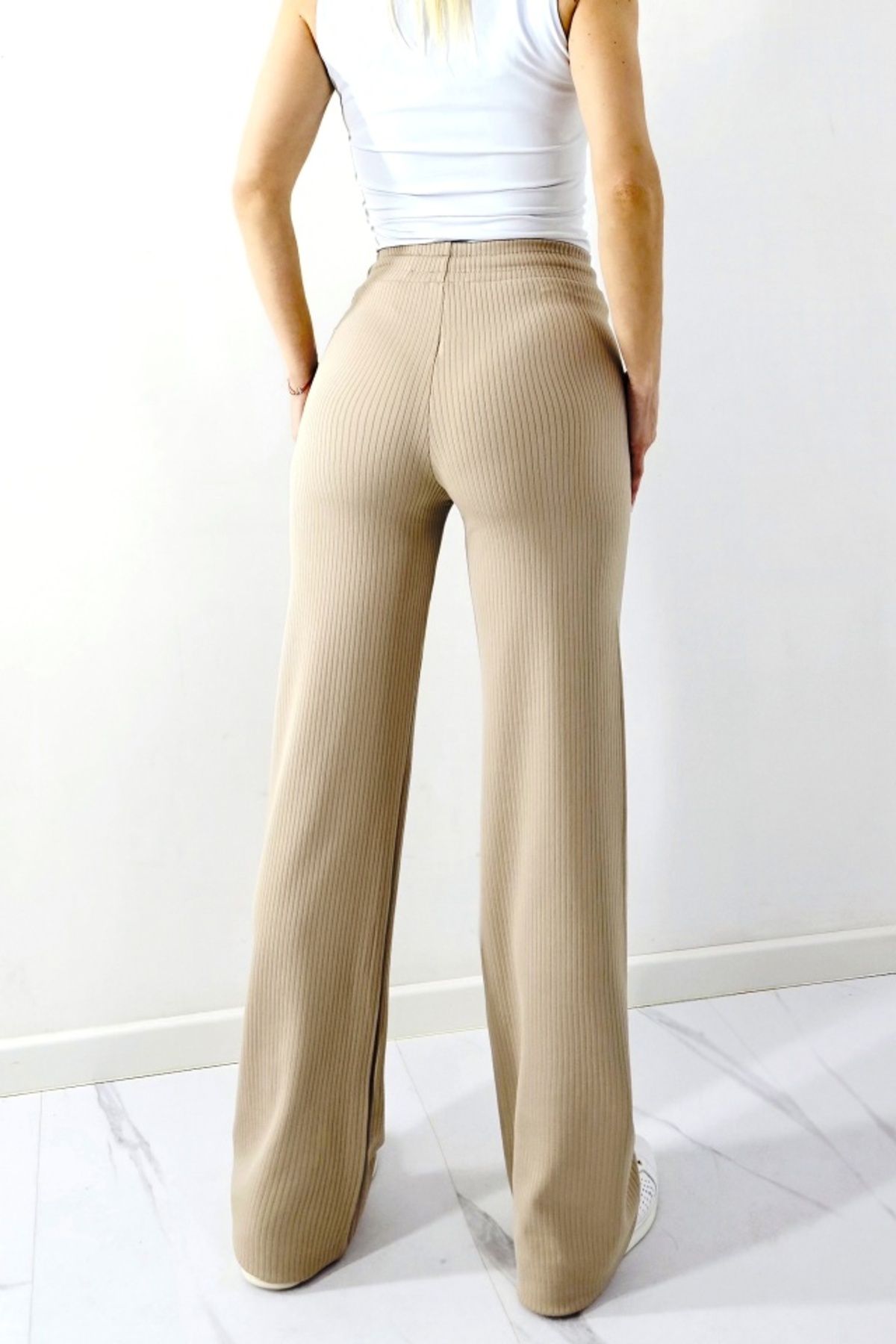FashionForYou-JANG casual pants, textured material and drawstring at the waist, Cream, L 3