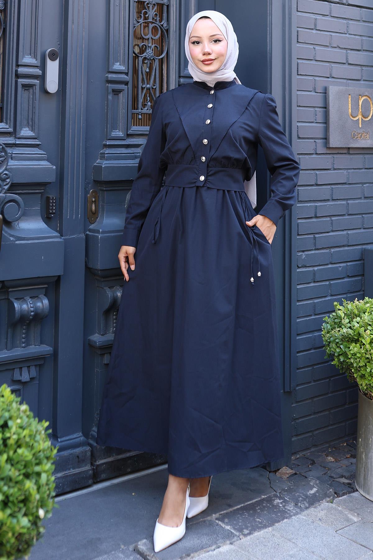 hafsamina Buttoned Jacket Pocket Waist Tie Gilet Dress Navy Blue Hm2785