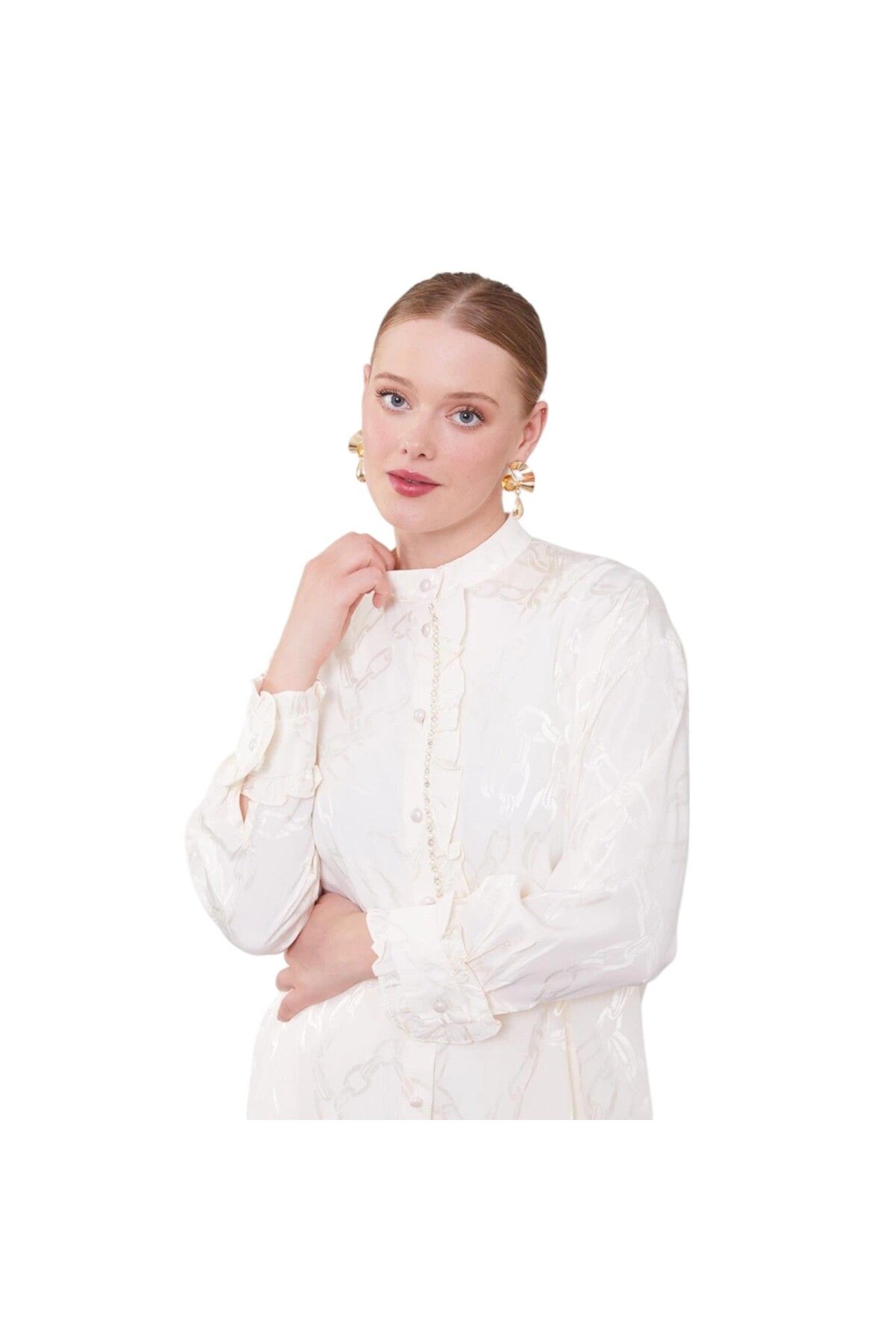 Levidor-Ruffle Button Detailed Chain Pattern Double Suit 4