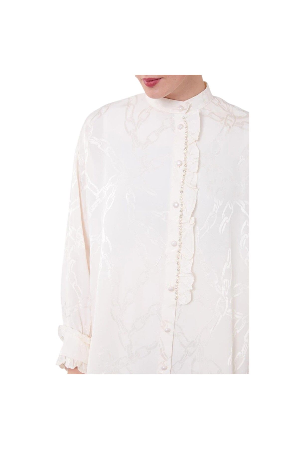 Levidor-Ruffle Button Detailed Chain Pattern Double Suit 6