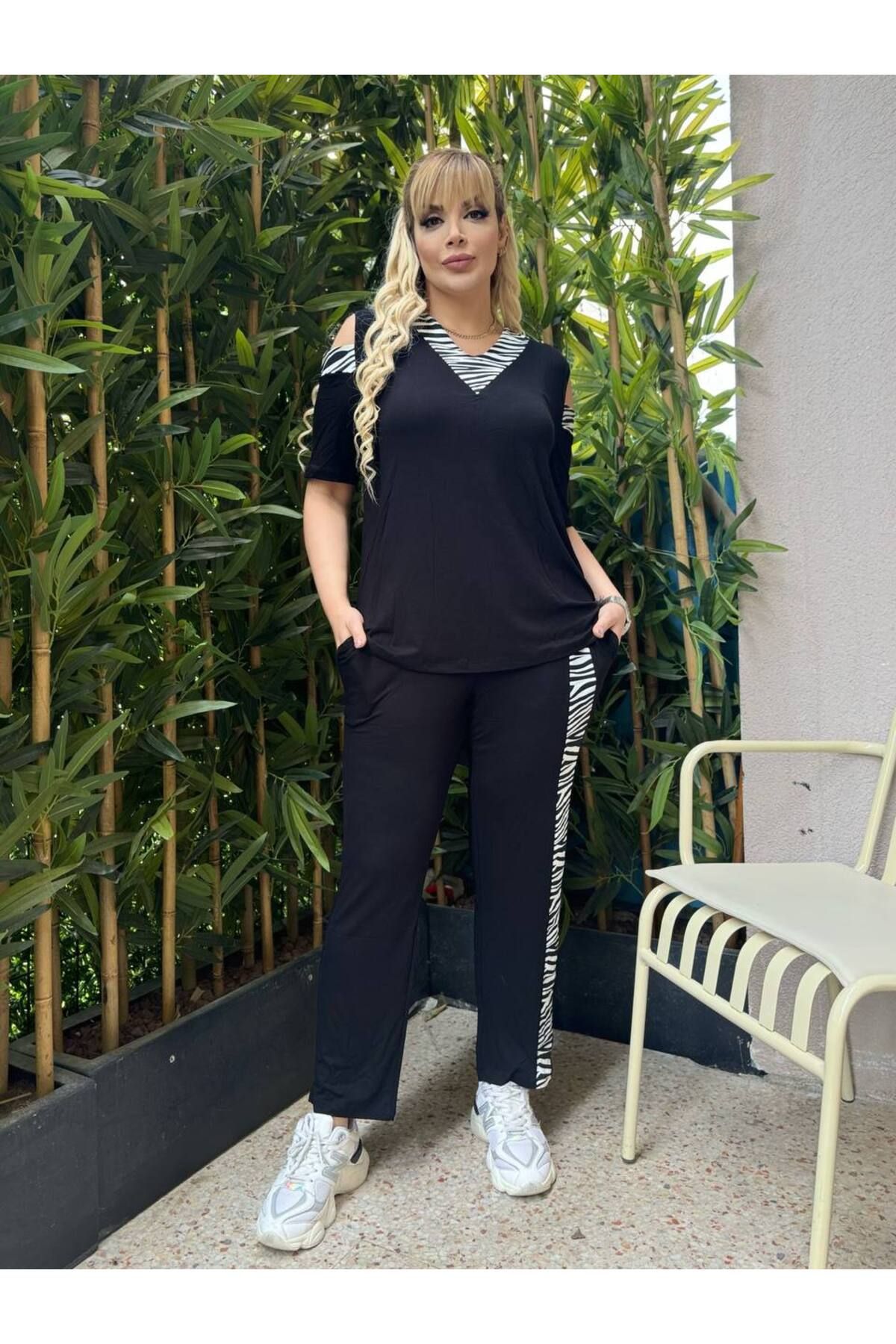 ViolettaXL-SET DE VISCOSA Lycra pentru femei marimi mari, fereastră de umăr, garnitură cu dungi 4