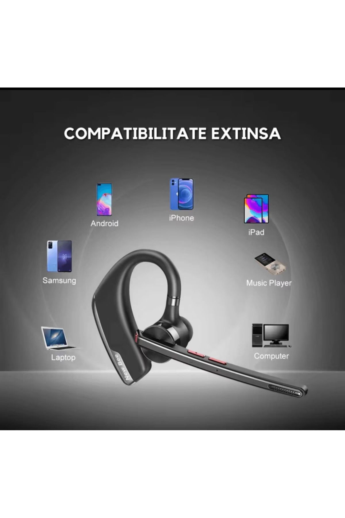 New Bee-Căști Bluetooth fără fir, baterie de 500 mAh cu autonomie de 60 de ore, cu microfon dual CVC 8.0 8