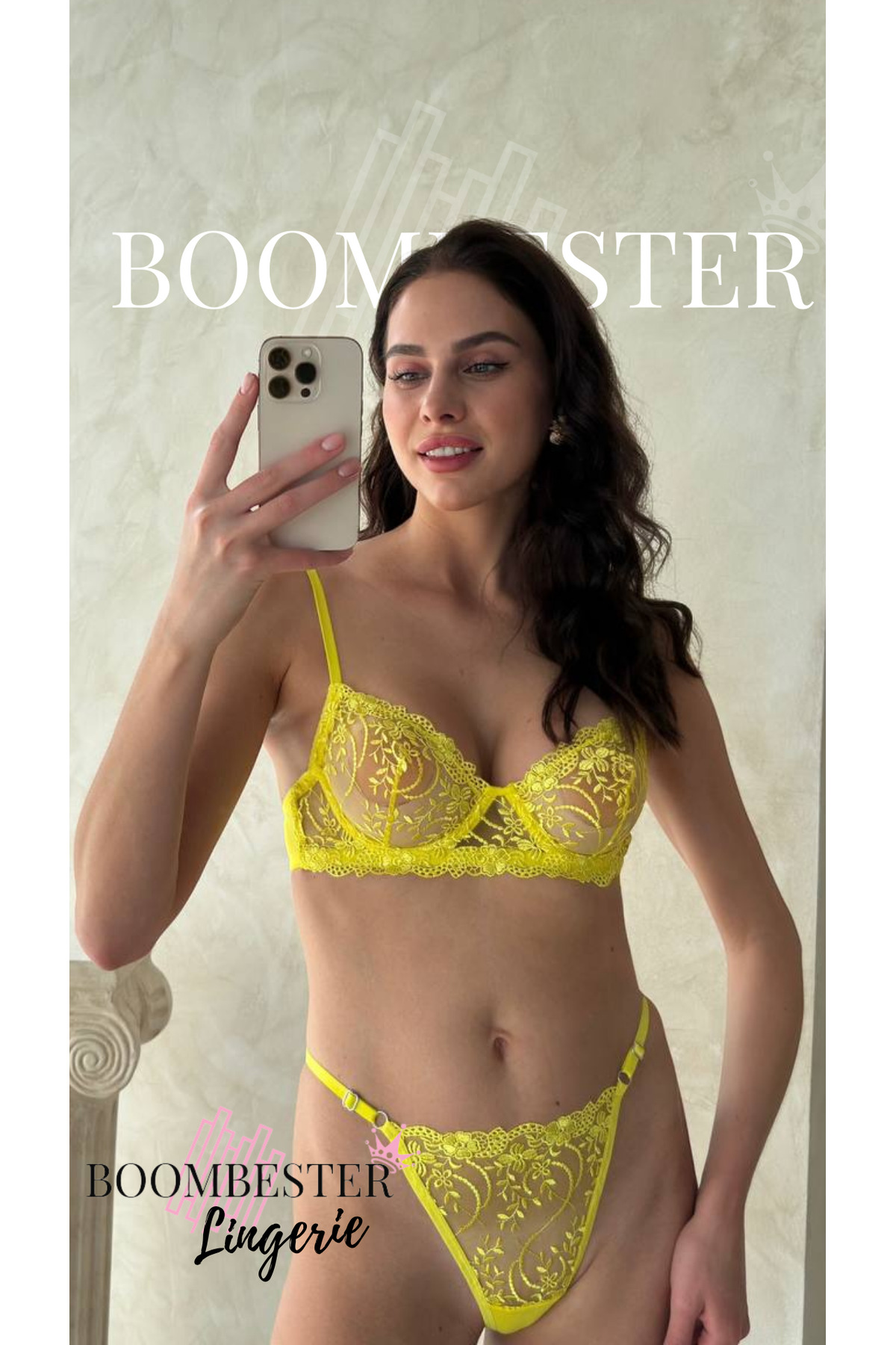 Lace Tulle Pattern Brode Embroidered Lemon Yellow Bra Panty Set