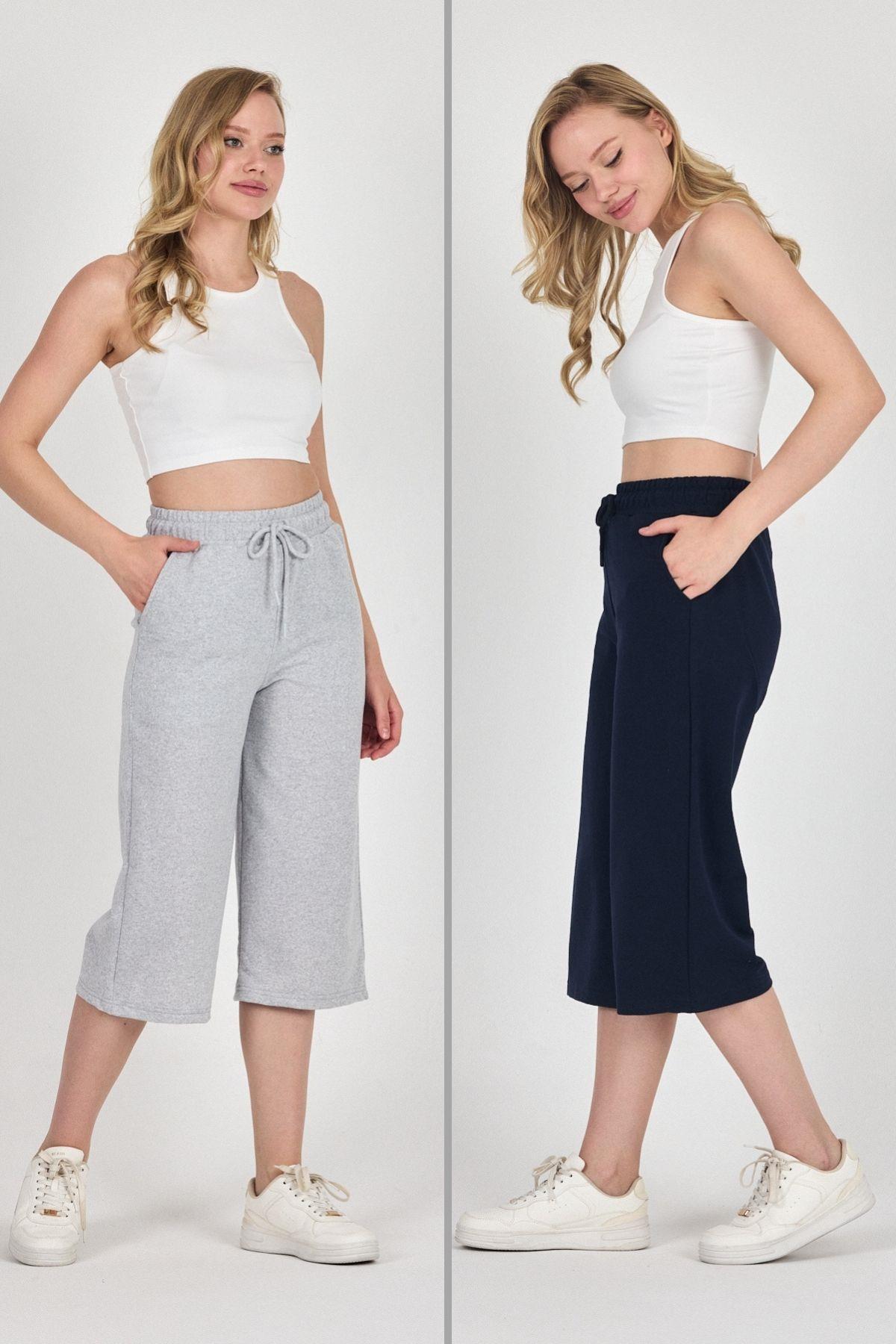 Casual Cut Seasonal Women's Knee Pants 2pcs Bermuda Black-Anthracite Capri Shorts with High Waist Pockets