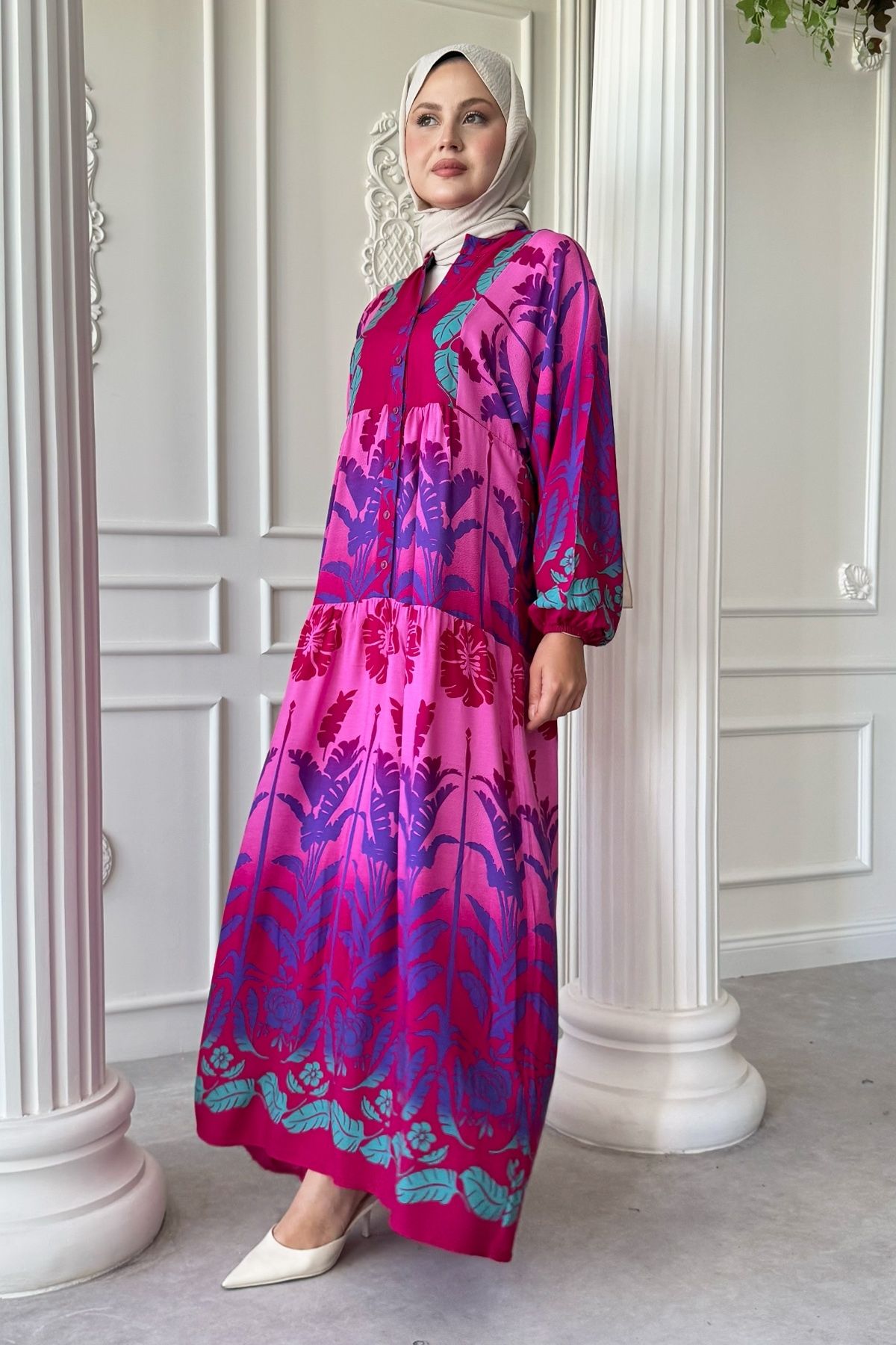 InStyle-Rochie casual din viscoză cu model tropical roz 3
