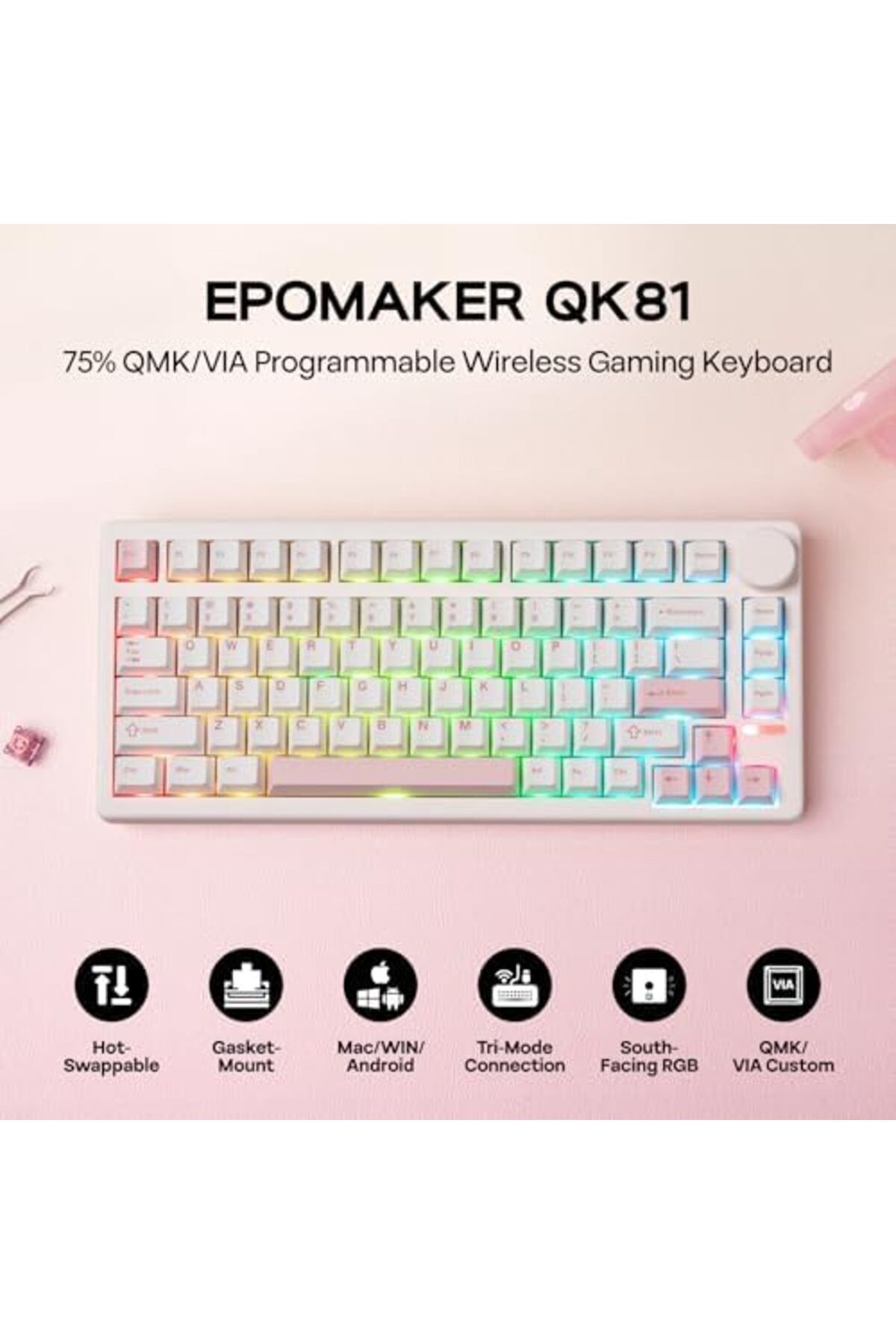 Epomaker-لوحة مفاتيح الألعاب الميكانيكية اللاسلكية QK81 75%، قابلة للبرمجة والتبديل السريع بتقنية QMK/VIA، 81 كيلو هرتز 4