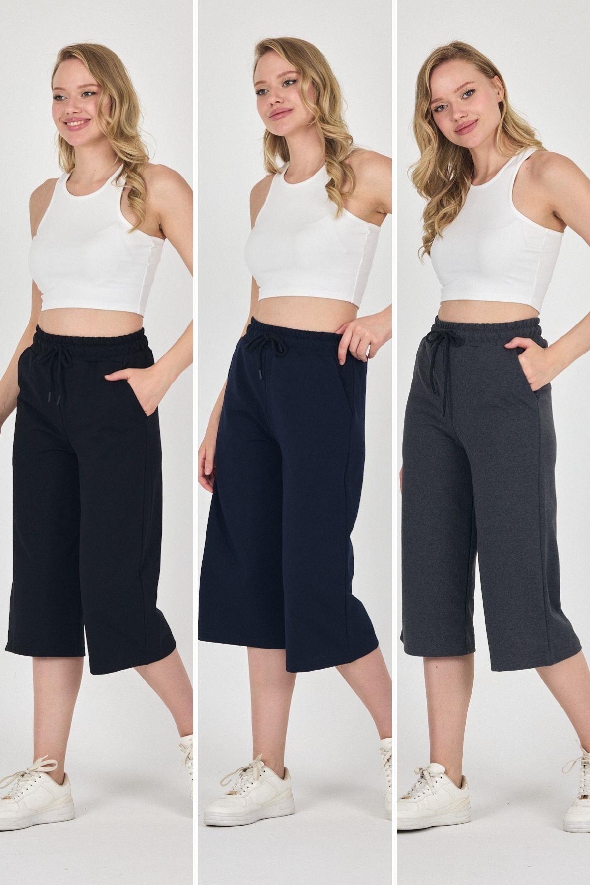High Waist Pocket Casual Cut Seasonal Women's Knee Pants 3-Piece Bermuda Black-Navy Blue-Anthracite Capri Shorts