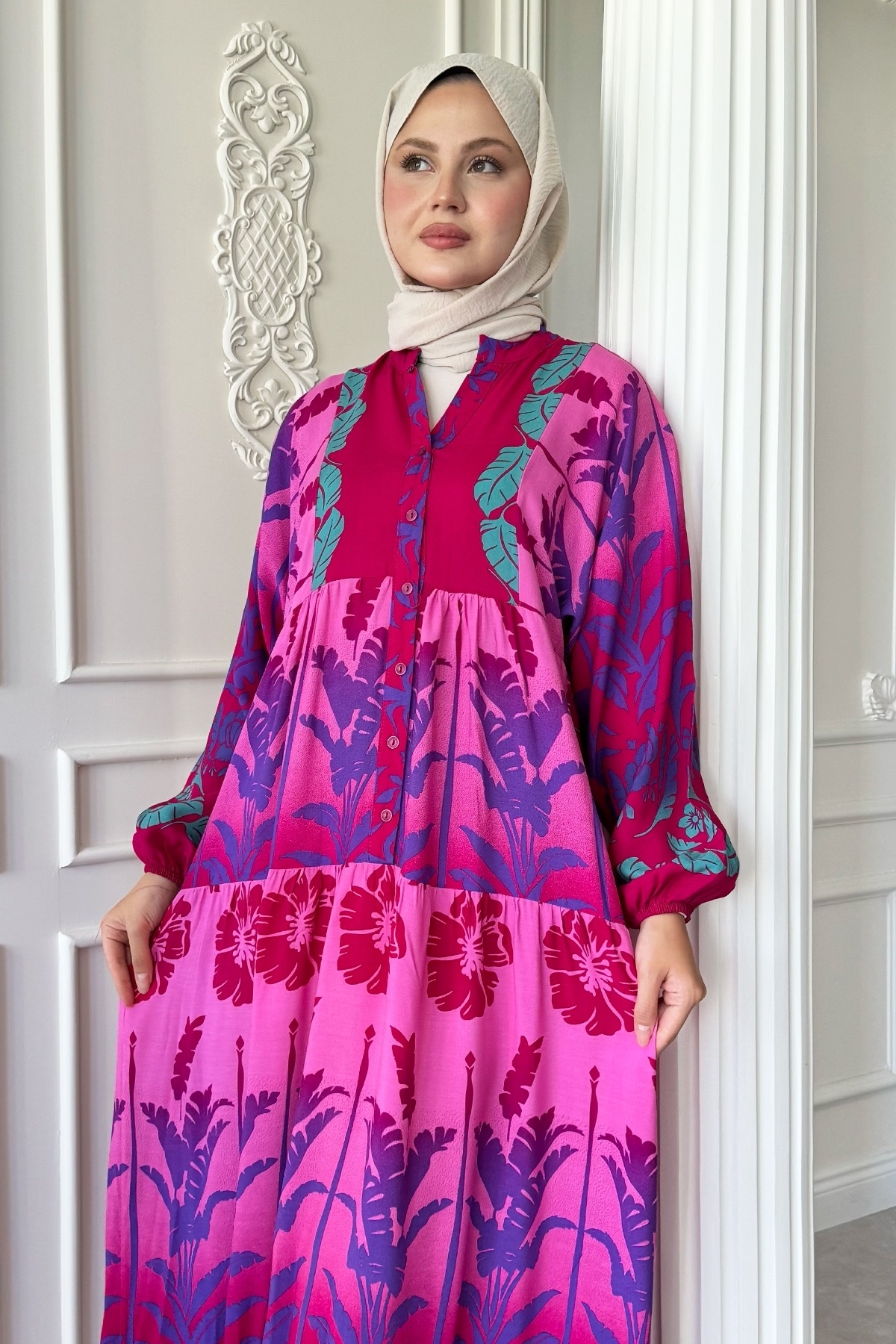 InStyle-Rochie casual din viscoză cu model tropical roz 4
