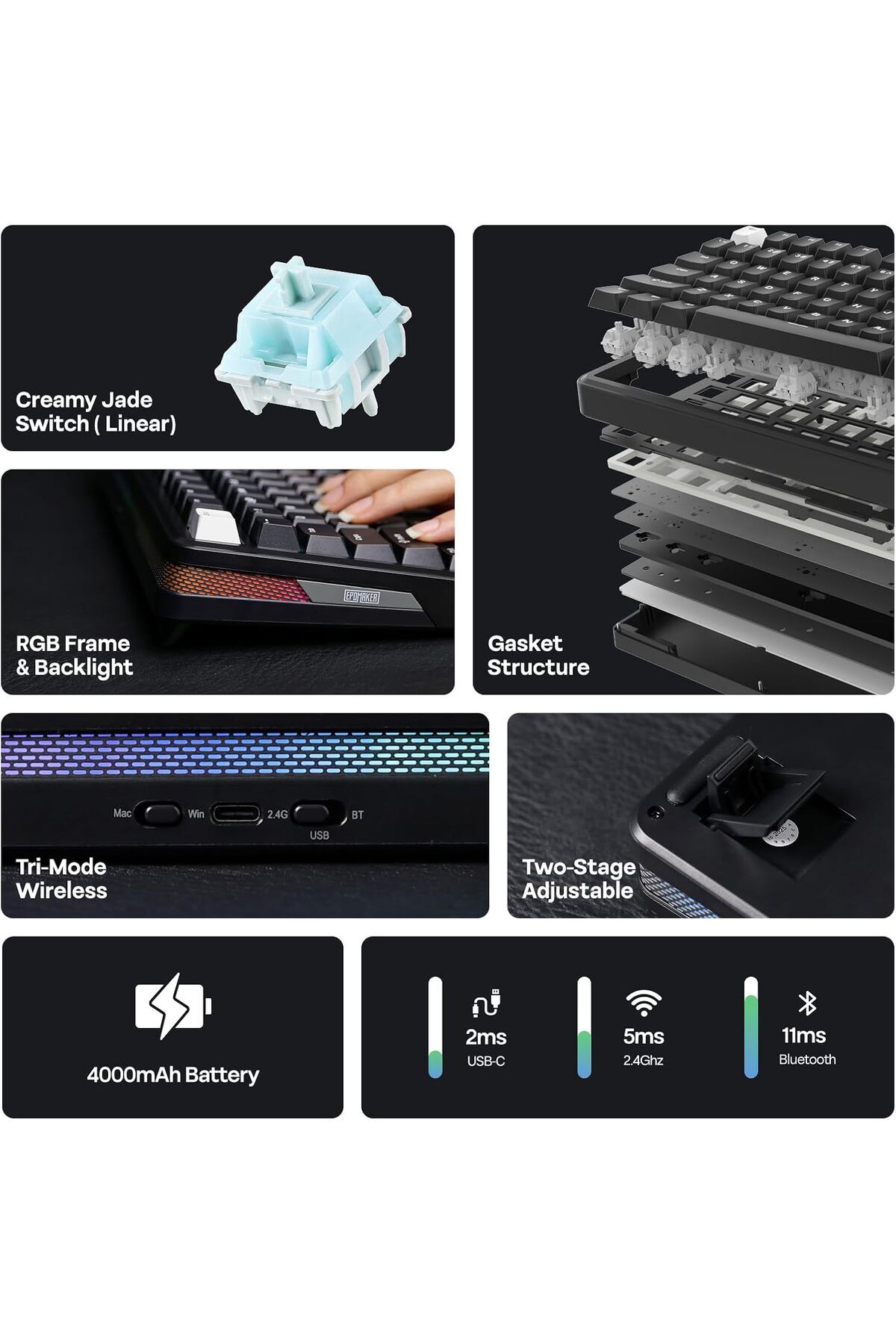 Epomaker-لوحة مفاتيح ميكانيكية لاسلكية TH85 QMK/VIA، BT5.0/2.4GHz/USB-C، مُشحمة مسبقًا بلون كريمي جايد مخصص 3