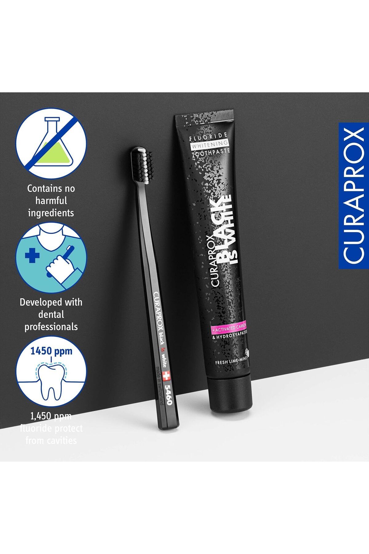 Curaprox-مجموعة معجون أسنان "الأسود هو الأبيض" | معجون أسنان مبيض بالفحم النشط ٩٠ مل + CS ٥٤٦٠ ألترا 7