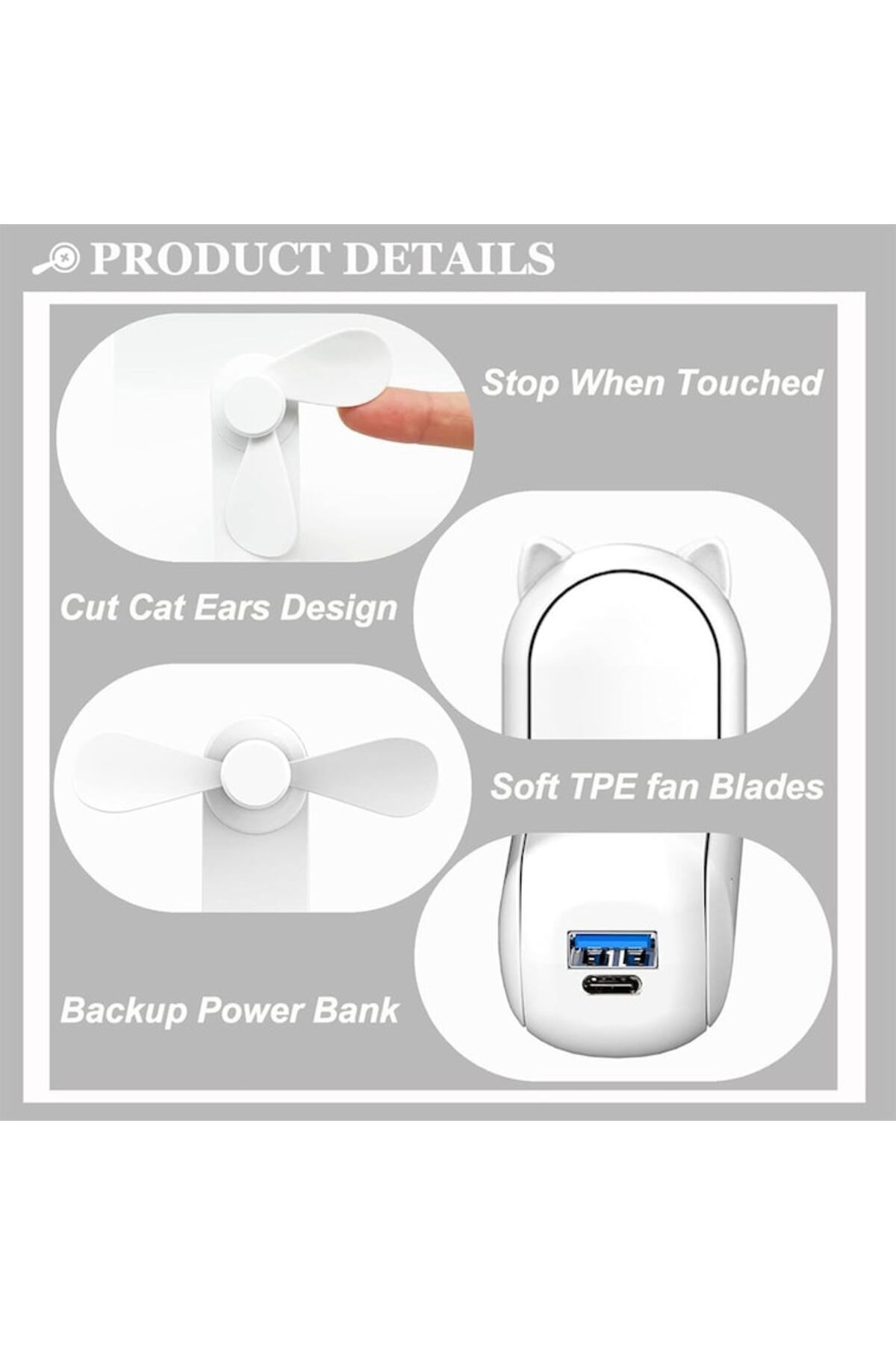 Optim Solution-Mini Fan, 3 Speeds, Portable, Handheld, Power Bank, Cat Design, USB Power, A 3