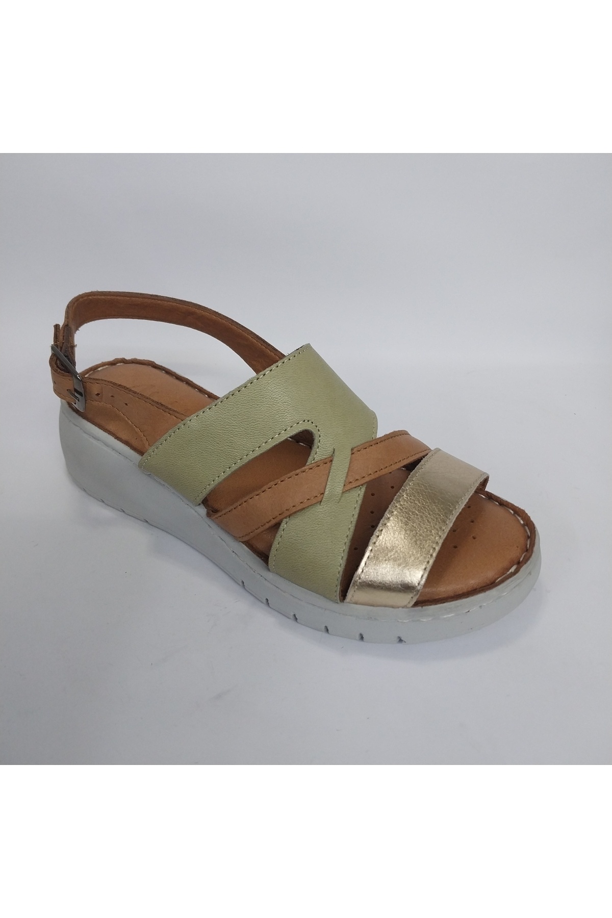 Mira Deri HAKİKİ DERİ YEŞİL TABA ALTIN 3 CM DOLGU TOPUK KADIN ORTOPEDİK SANDALET