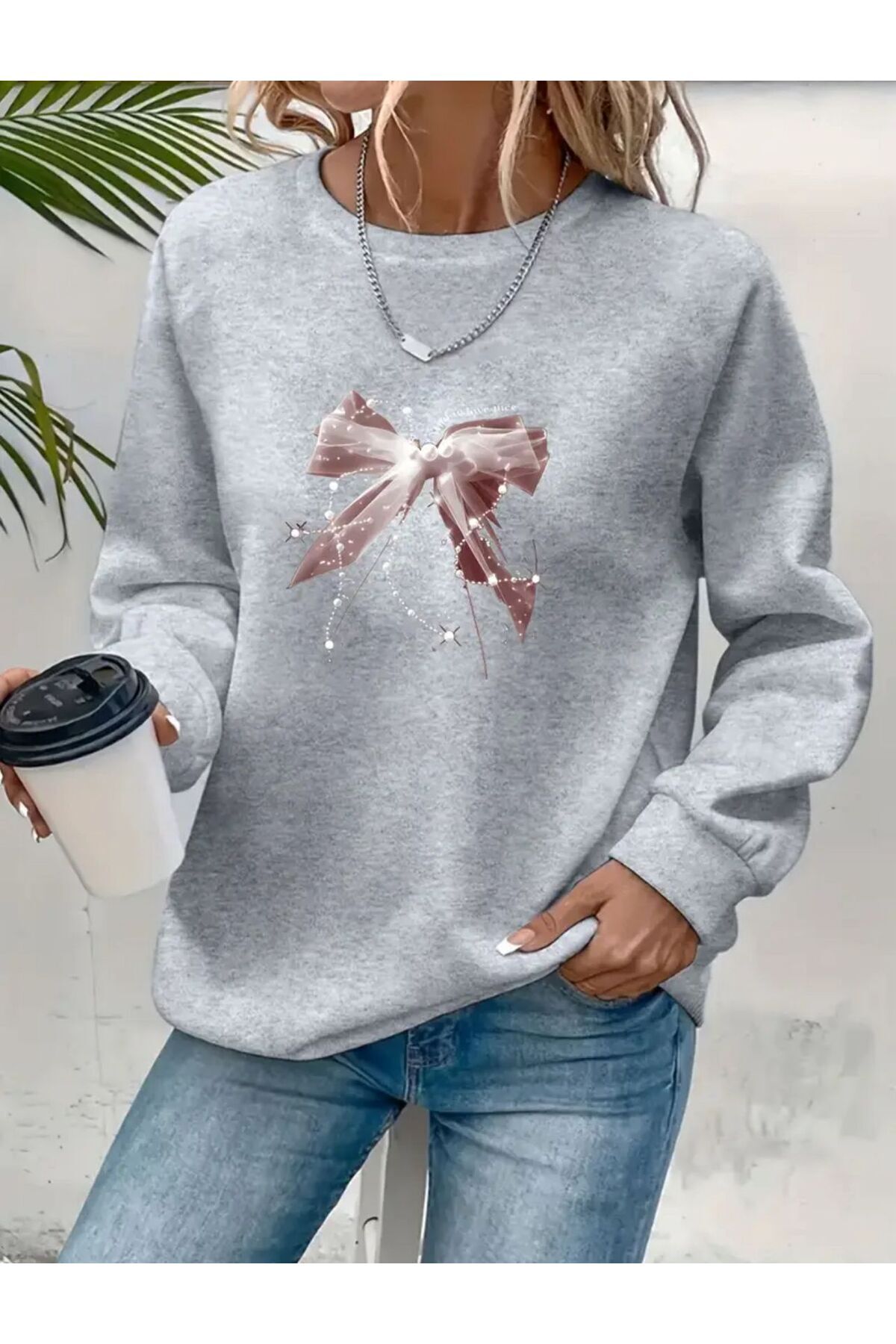 caddekombin Hanorac gri cu decolteu rotund cu imprimeu cu panglică roz strălucitor