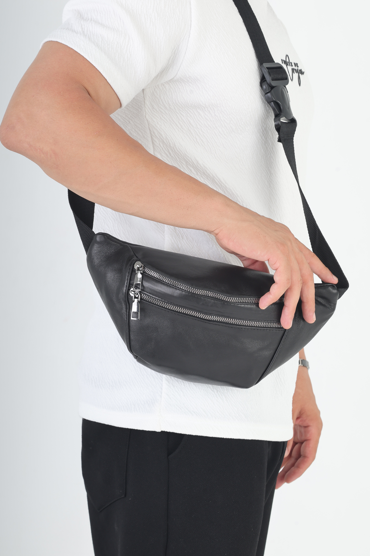 NahitaTyana  Unisex Hakiki Deri Siyah Bel Çantası Çok gözlü - Görsel 4