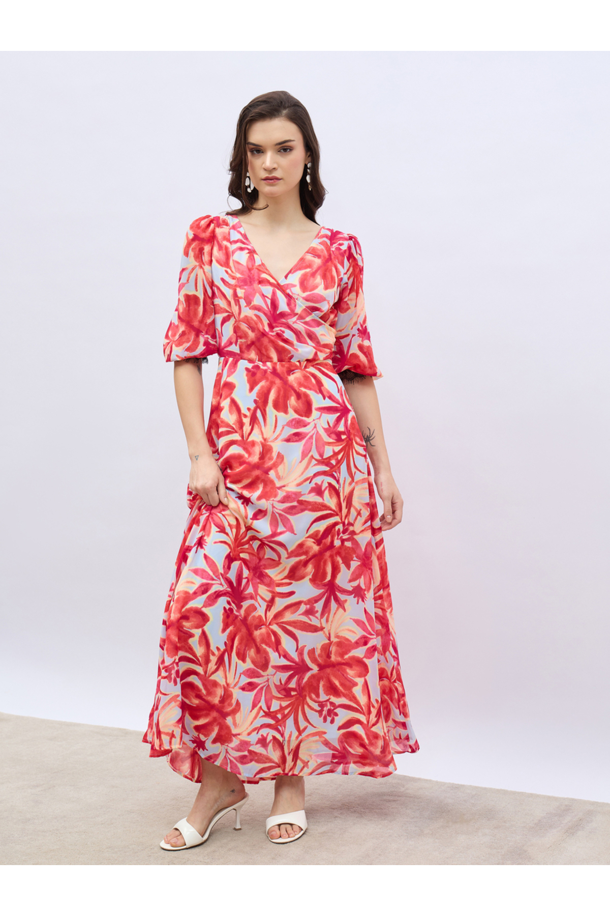 Styli Women All-Over Floral Print V Neck A-Line Maxi Dress