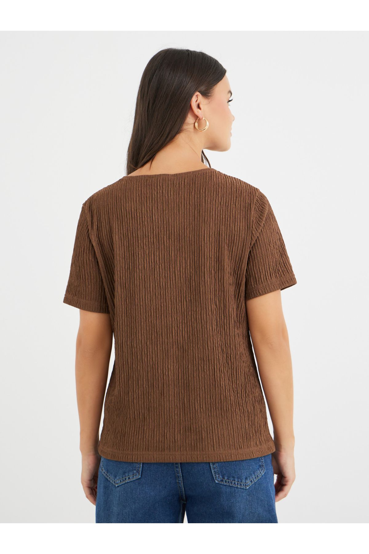 Styli-Textured V-Neck Front Button Blouse 5