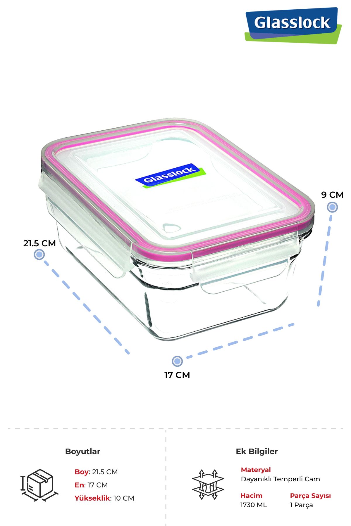 Prima Nova-Glasslock Rectangular Glass Storage Container 1730 ml 3