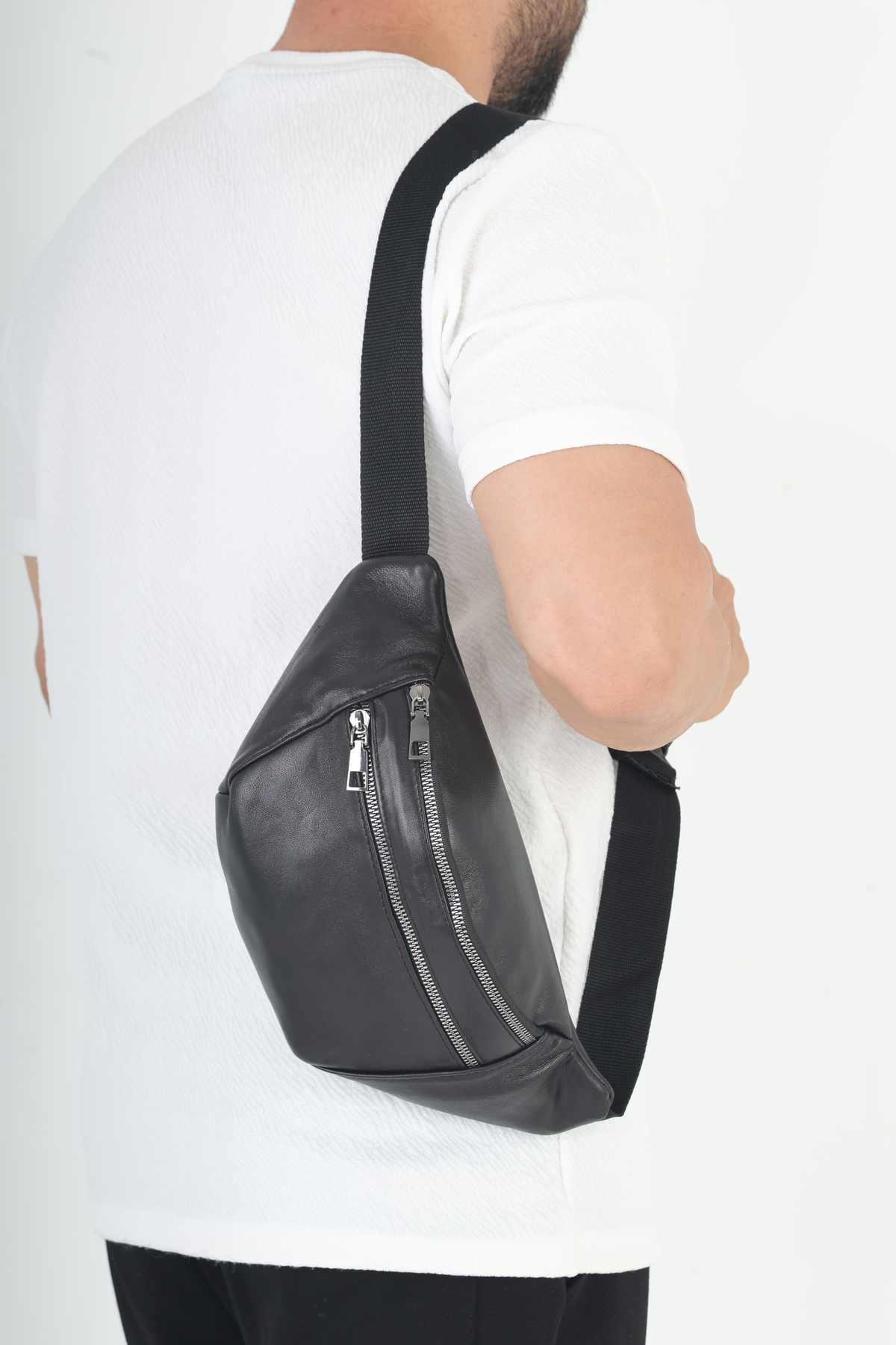 NahitaTyana  Unisex Hakiki Deri Siyah Bel Çantası Çok gözlü - Görsel 3