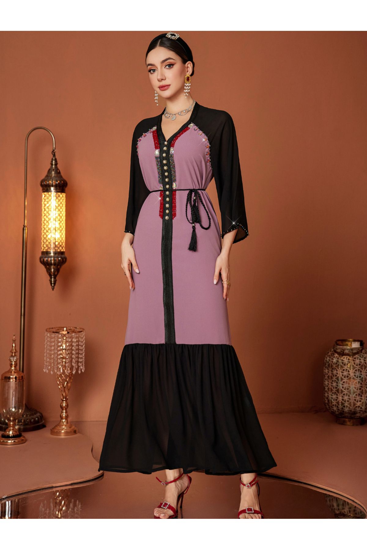 Take Two By Styli-Embellished Color Block Beaded Ruffle Hem Jalabiya 3