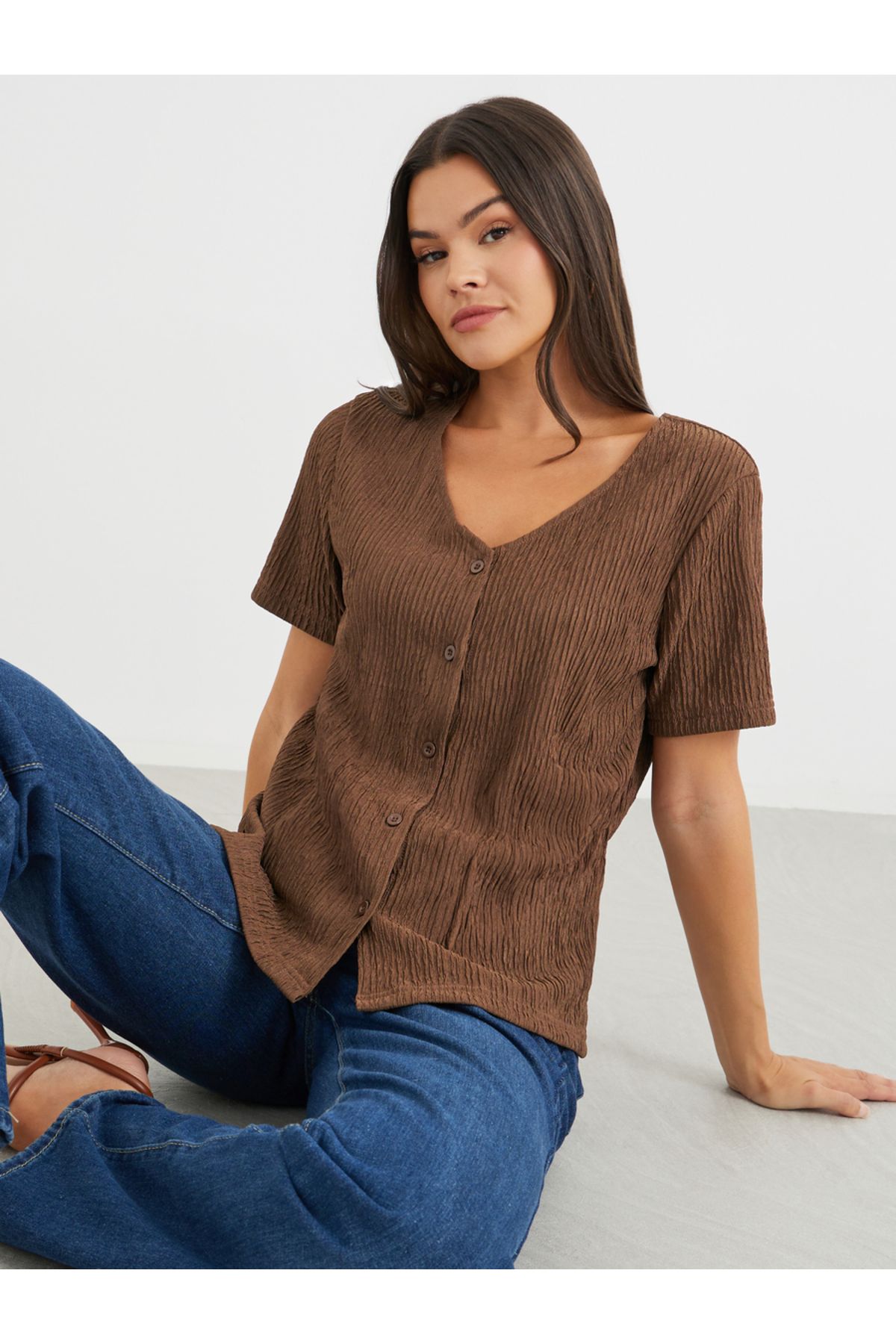 Styli Textured V-Neck Front Button Blouse