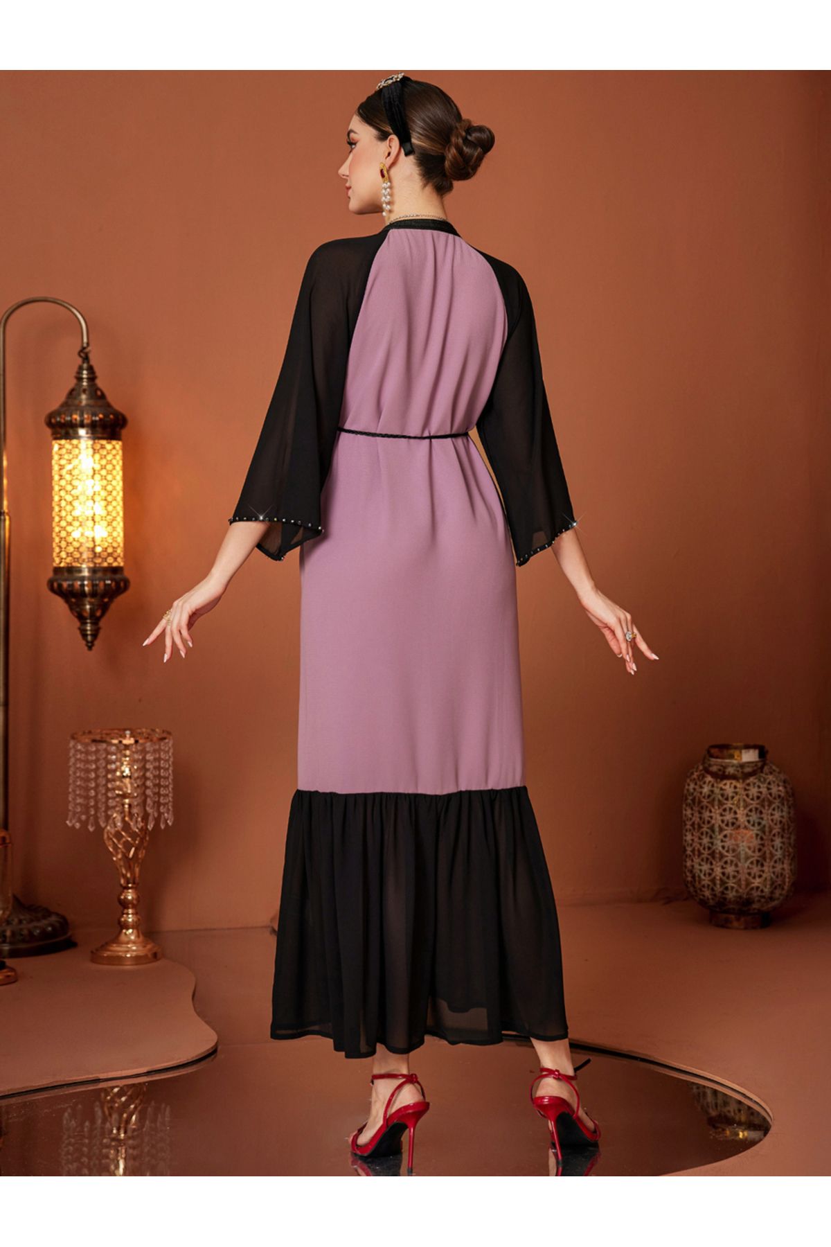Take Two By Styli-Embellished Color Block Beaded Ruffle Hem Jalabiya 6