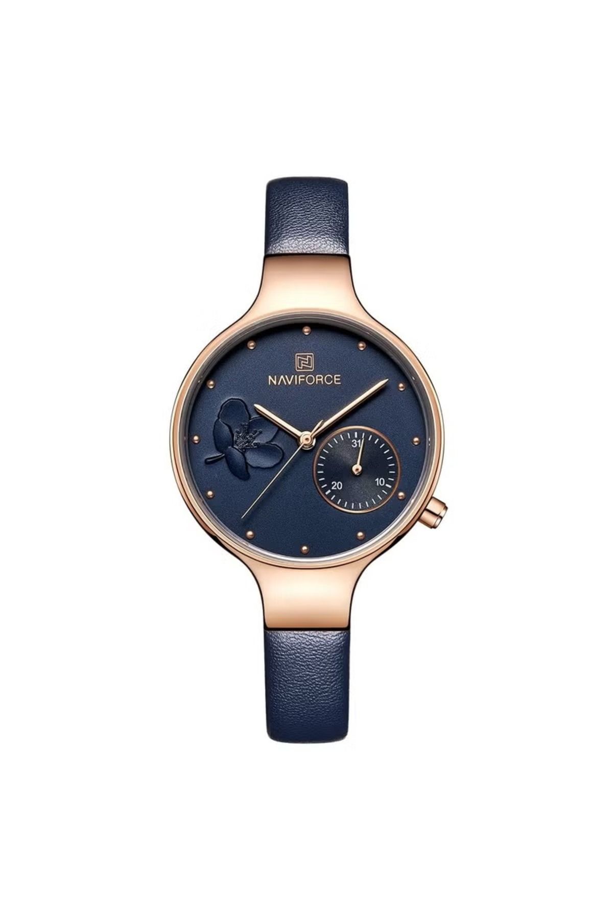 Naviforce-Elegant Women's Quartz Watch Stylish Round Dial with Floral Embossed Design Sub-Dial Display 1