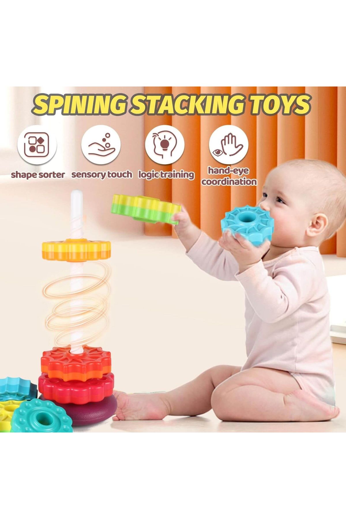 Micostore-Pyramid Tower, Rainbow Spiral, Stacking and Dexterity Game, 12 months+, with spiral 3