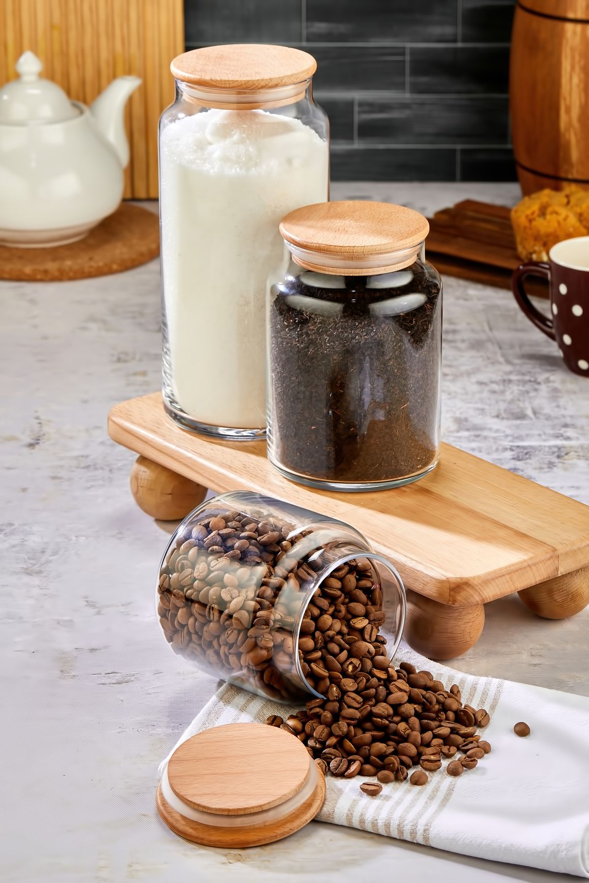 MODA OZY-Set of 3 Vacuum Jars with Wooden Lid Storage Container with Stand 1300/800/500ml 5