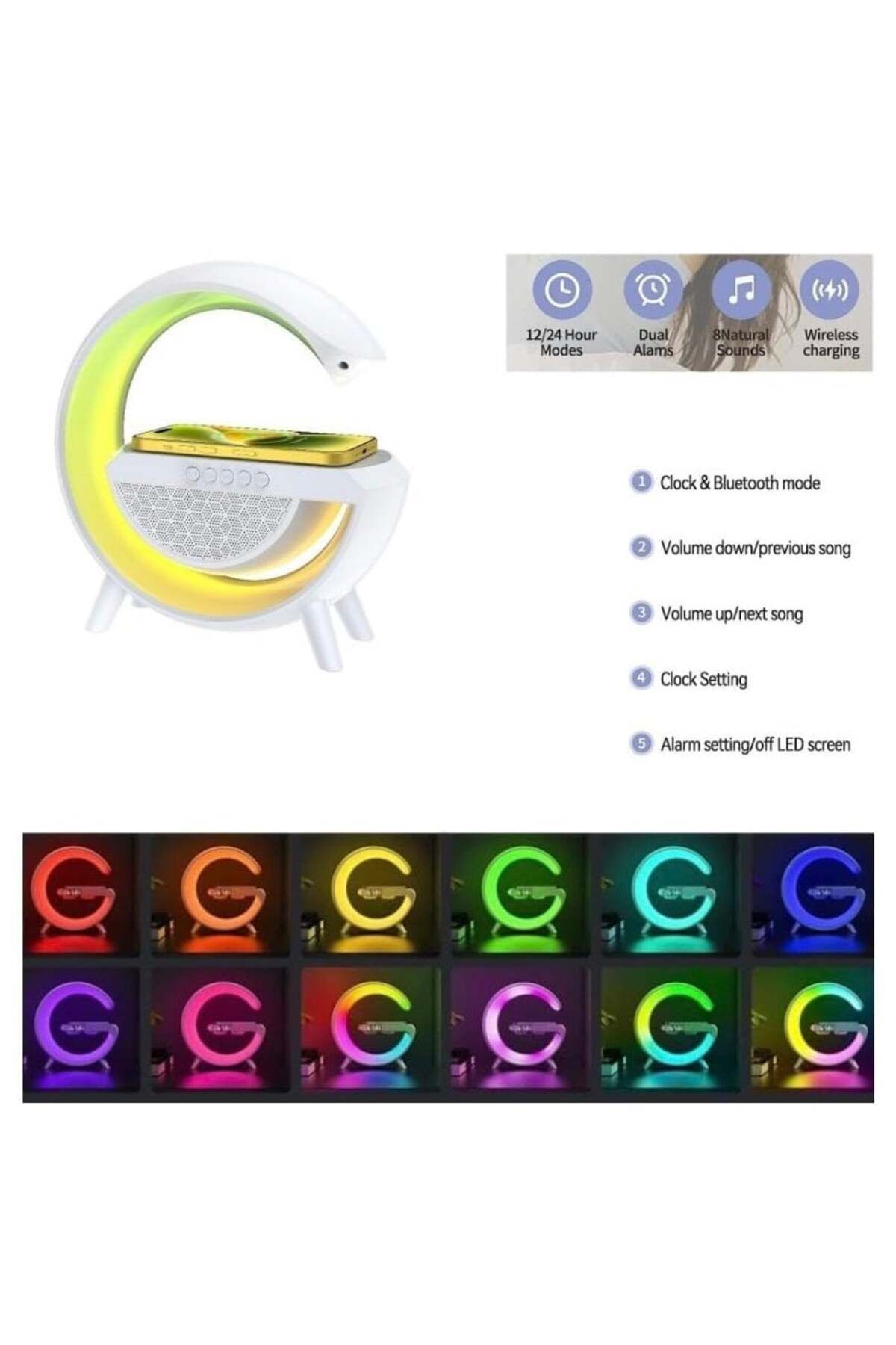 divendi-ro-Multifunctional Wireless Charging Station with RGB LED Lamp, Bluetooth Speaker, Clock 5