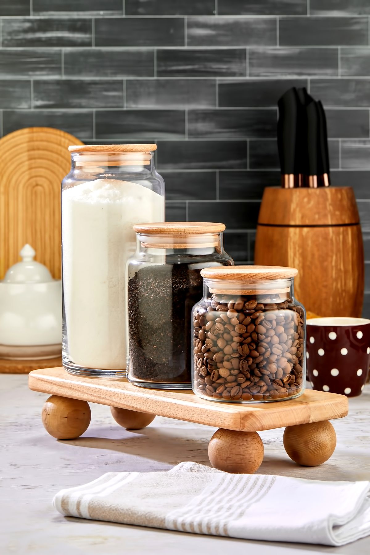 MODA OZY-Set of 3 Vacuum Jars with Wooden Lid Storage Container with Stand 1300/800/500ml 3