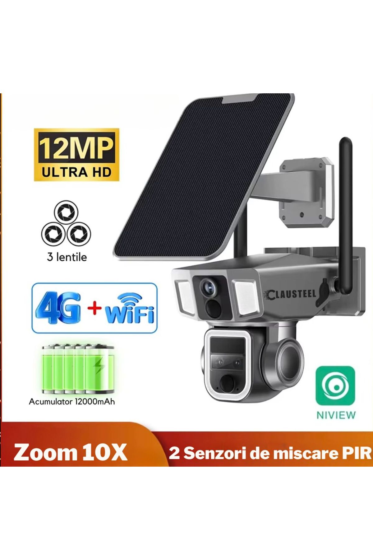CLAUSTEEL-Cameră de supraveghere profesională 3 în 1 cu panouri solare, conexiune duală WiFi și 4G 6