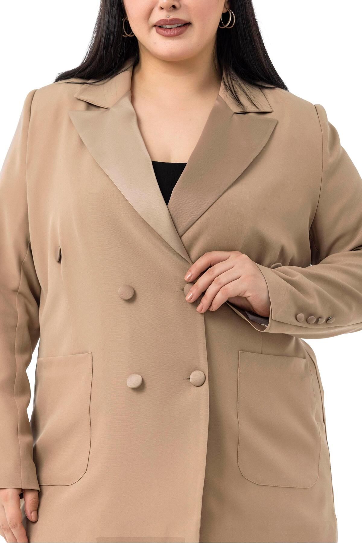 DISENTIS MODEST-Plus Size Satin Collar and Button Detail Pocket Lined Mink Jacket 5