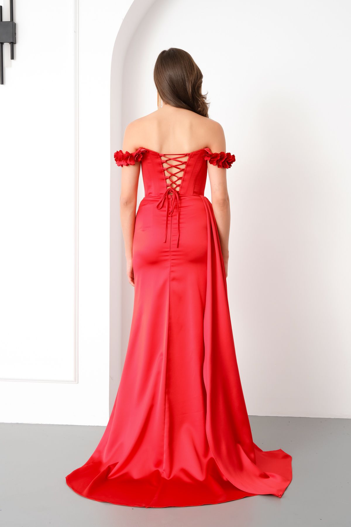 Lafaba-Women's Red Collar Floral Long Satin Evening Dress 5