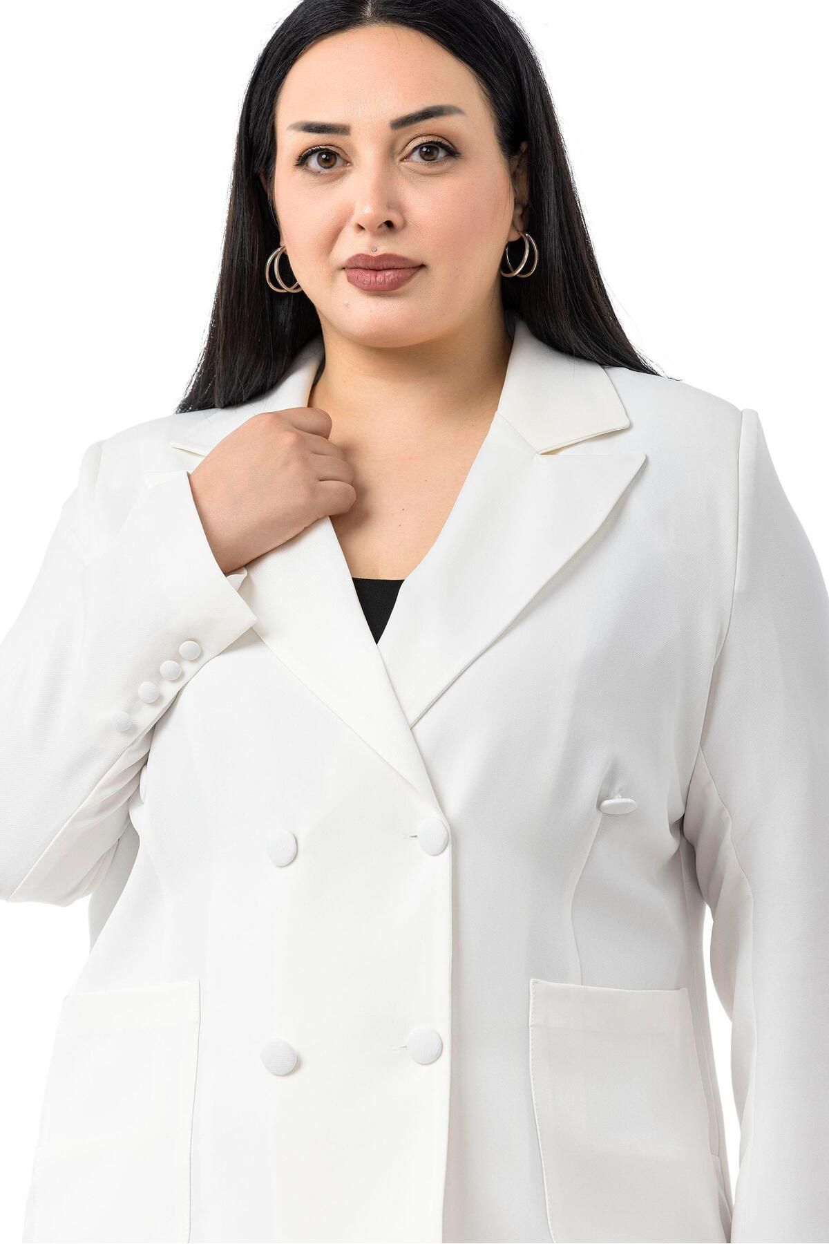 DISENTIS MODEST-Plus Size Satin Collar and Button Detail Pocket Lined White Jacket 4