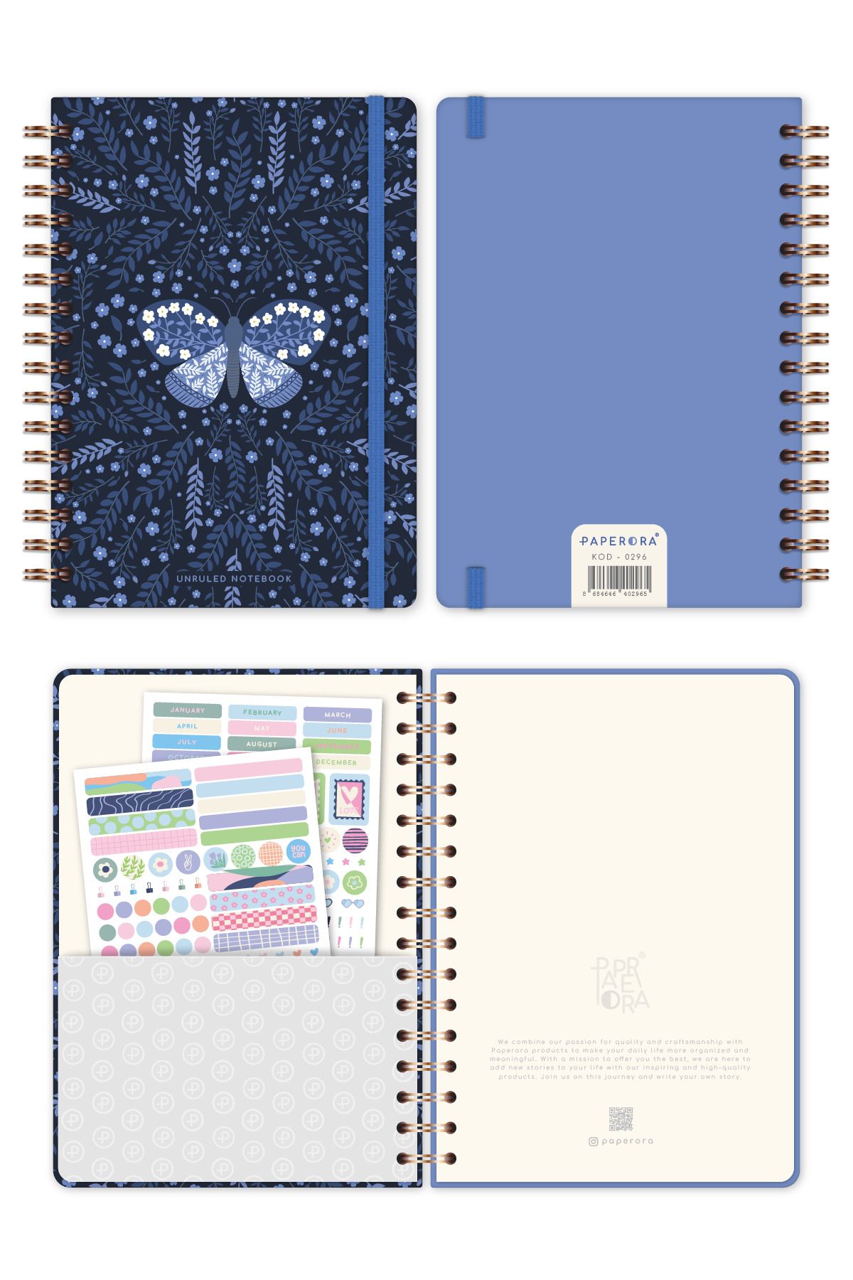 PAPERORA-A5 Spiral Hard Cover Elastic Plain - Unlined Notepad Butterfly 7