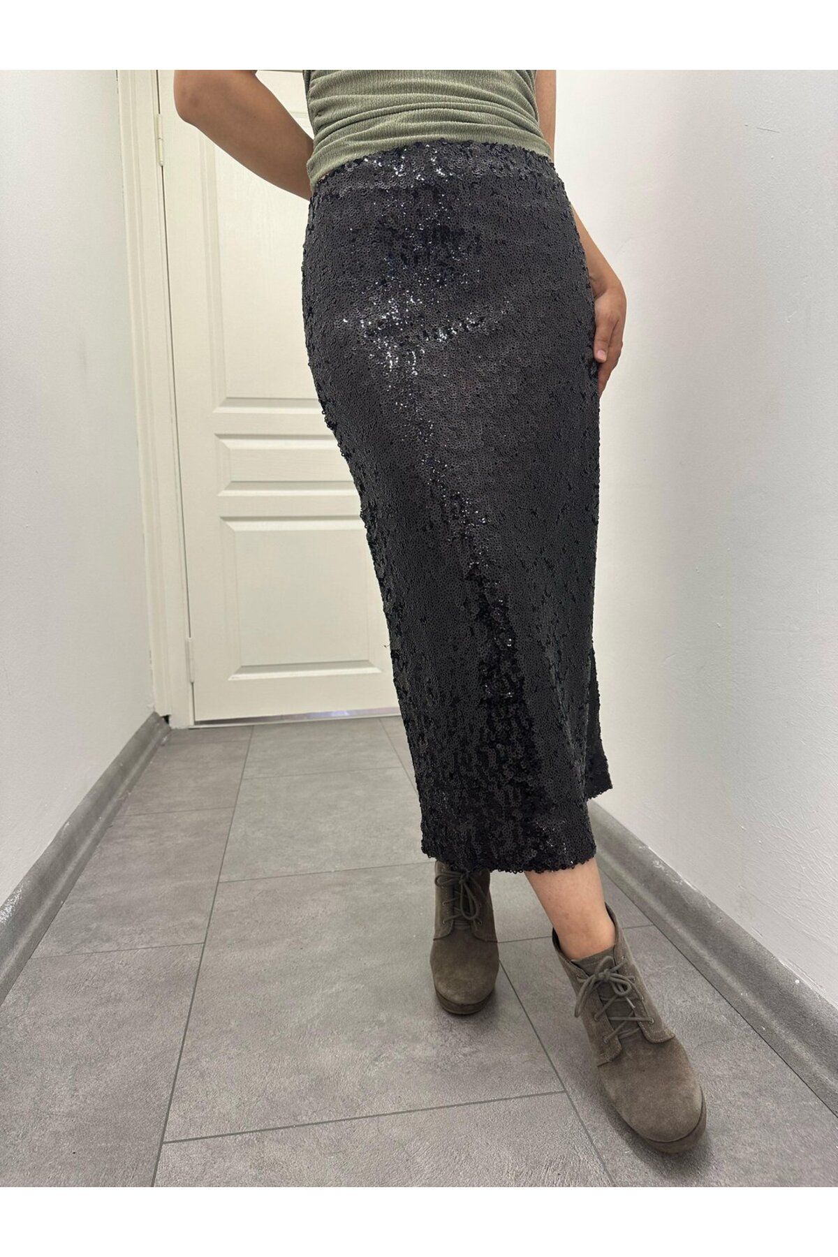 soBasic-Sequin Long Length Lined Slit Side Zipper A-Line Skirt 6