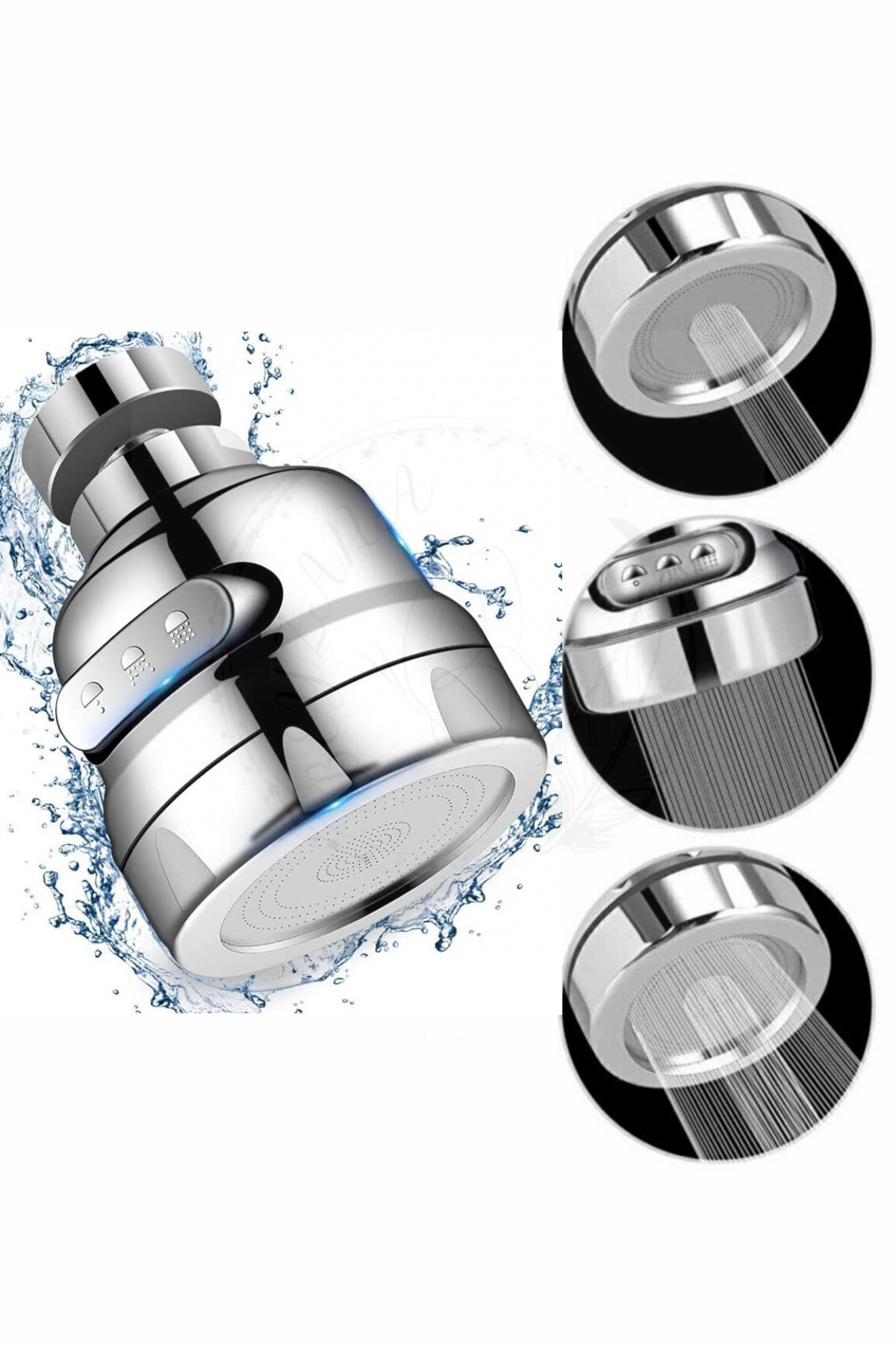 BEYZANA Su Tasarruflu 3 Fonksiyonlu Krom Mutfak Lavabo Başlığı 360 Derece Döner Musluk Ucu Tasarruflu