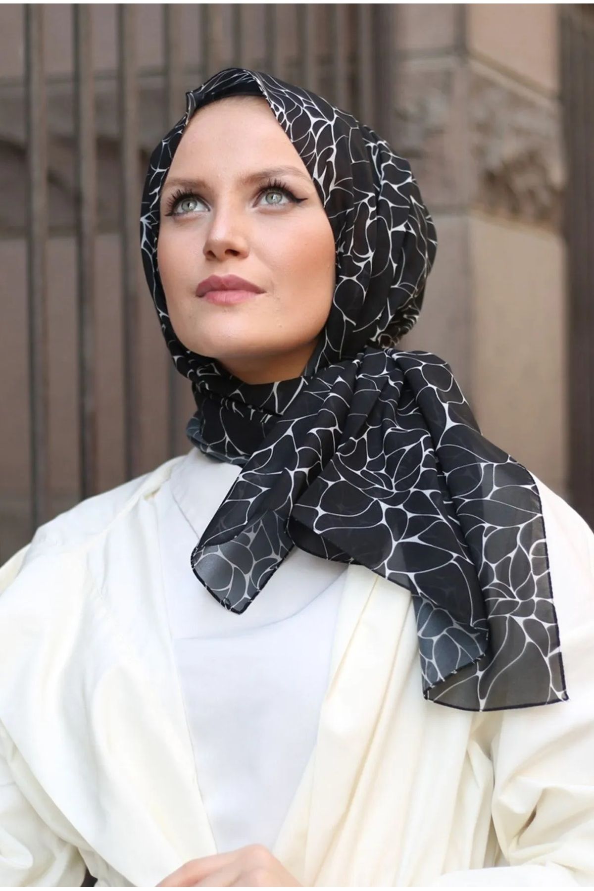 Stella-Watershine Patterned Chiffon Shawl Model Black and White Colored 2