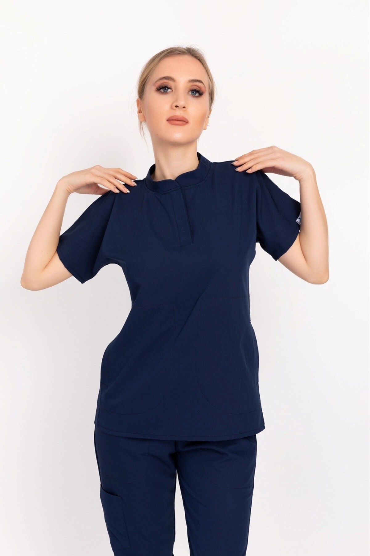 Nur Medikal Giyim-Modelul Çağla Bleumarin Elite Lycra cu Prindere Tip Snap Guler Judecător Doctor Asistentă Scrubs Uniformă 2