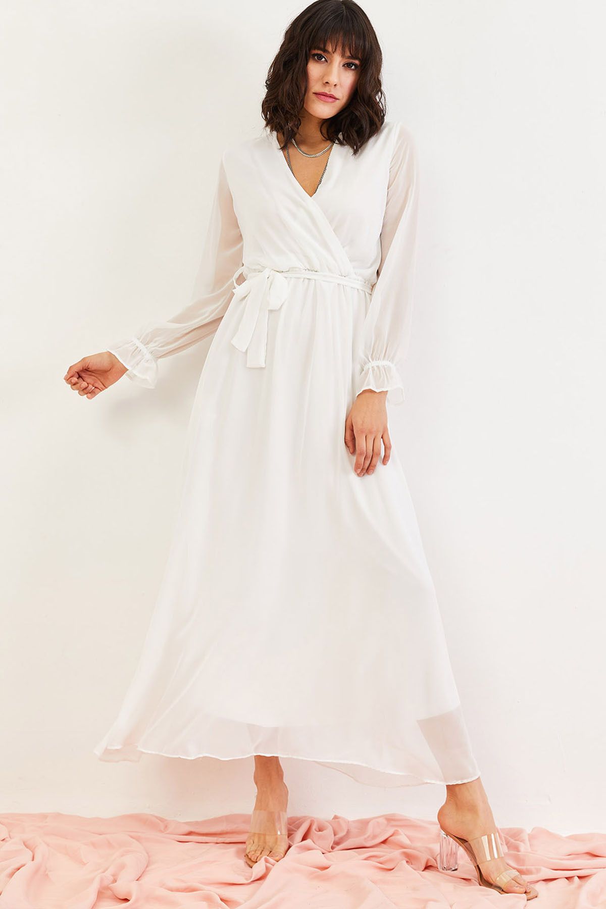 thezkscom-White Double-breasted Collar Lined Plus Size Chiffon Lined Dress Sk 2