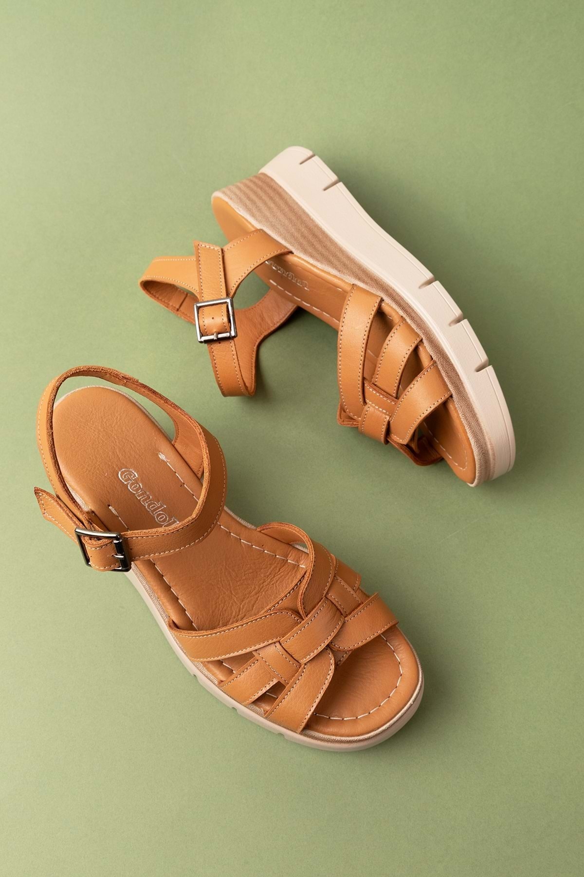 Gondol-Genuine Leather Wedge Heeled Daily Sandals Mlk.5501 Tan 4