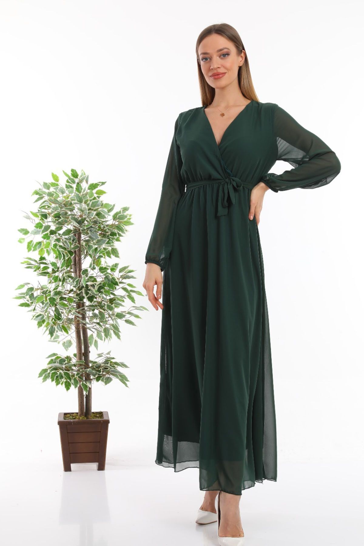 thezkscom-Green Double-breasted Collar Belted Plus Size Chiffon Dress 3