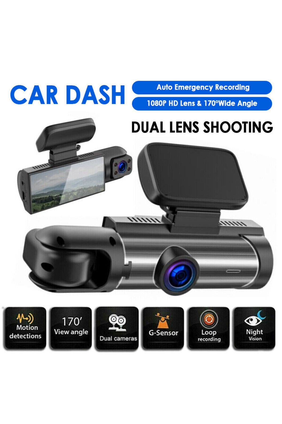 CLAUSTEEL-2in1 Dash Cam 1440P, Dual Lens, Wide 170°, WiFi, Night Vision, Loop, 3.16" LCD 3