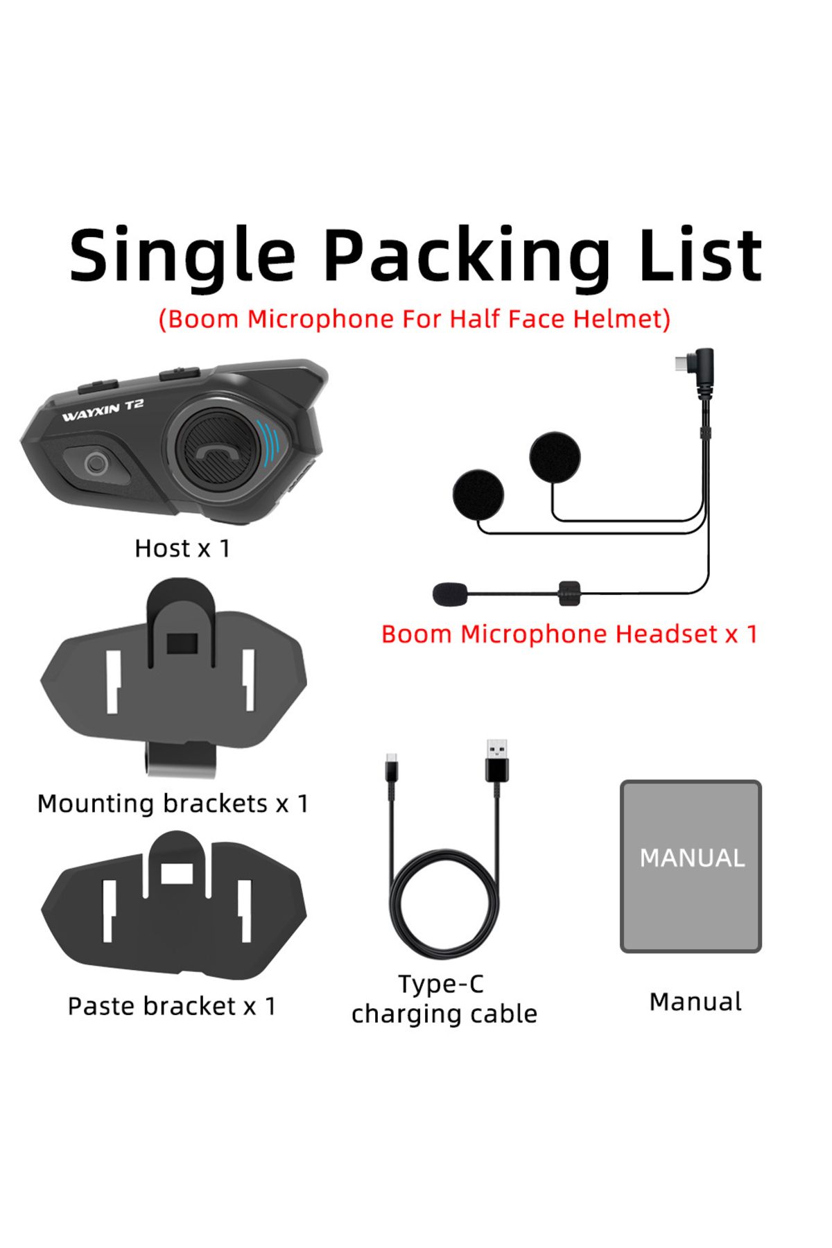 CLAUSTEEL--Wayxin T2 Intercom, BT 5.0, 2 Riders, Noise Cancel, 15h, Half Helmet, Single Pack 5