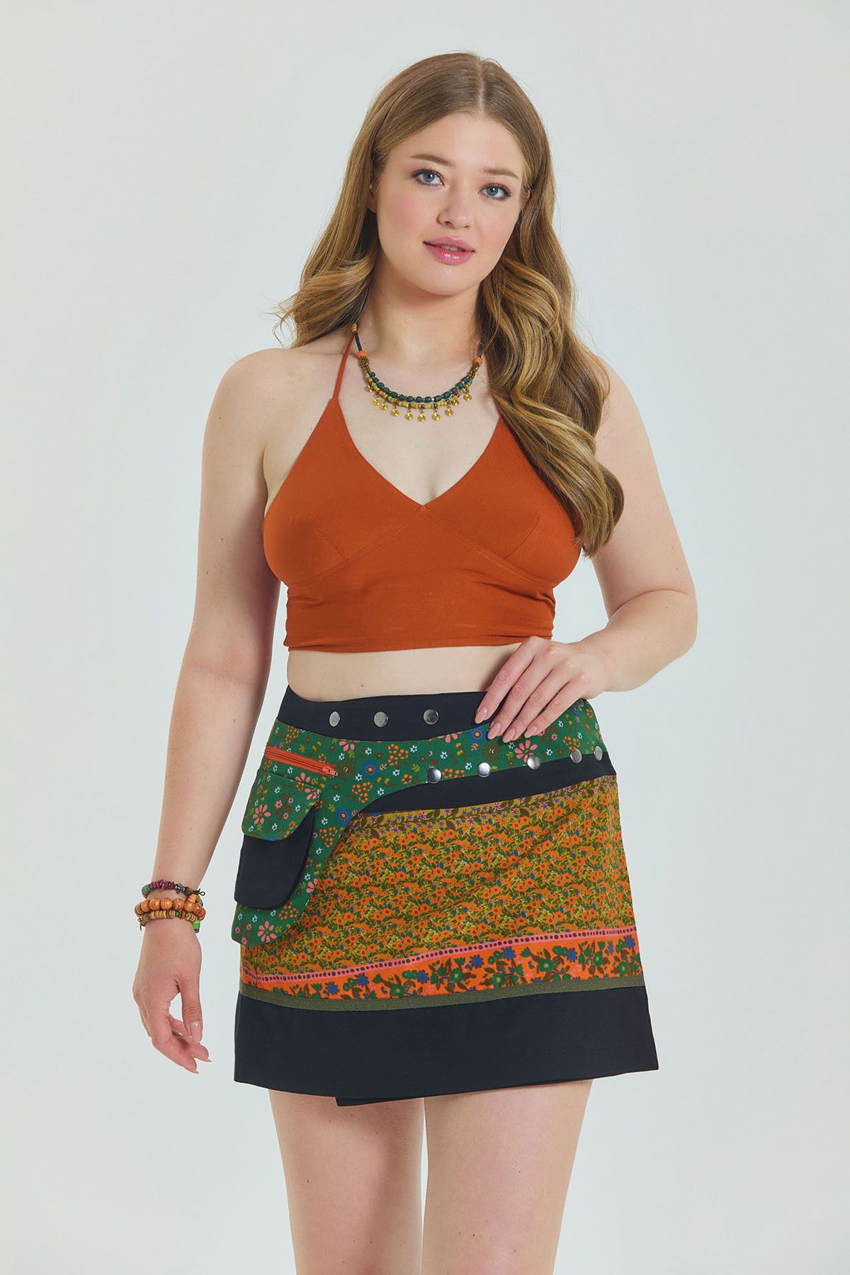 Los banditos-Patchwork Wrap Plus Size Skirt with Snap Closure Pockets 7